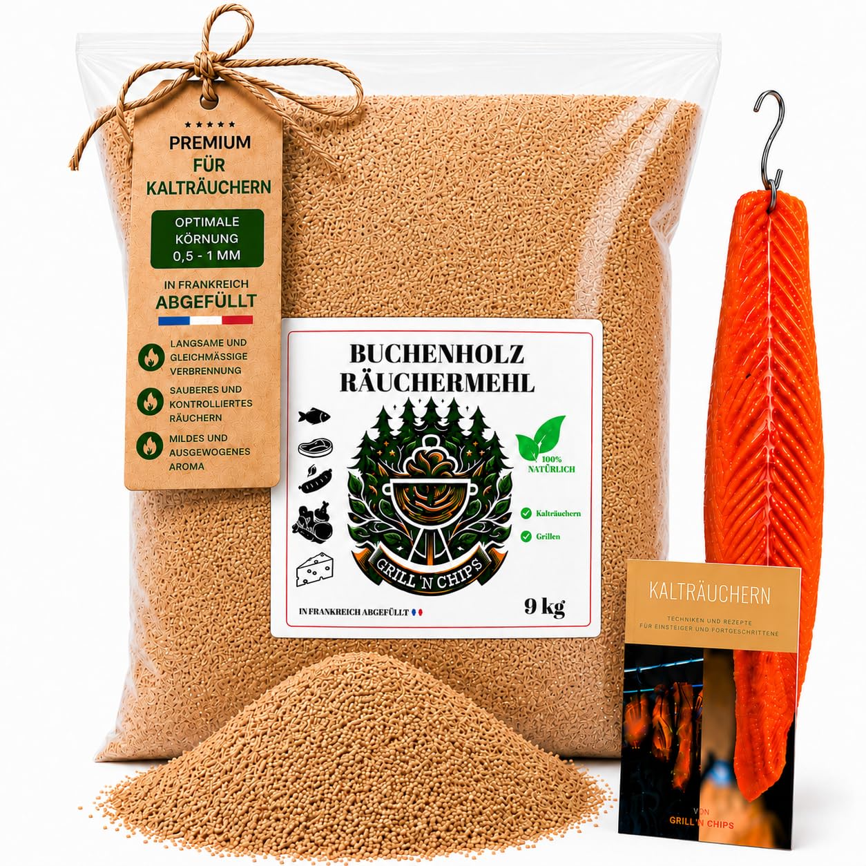 Premium Räuchermehl Buche 9 kg – 100% natürlich–Feine Buchenspäne (0,5 mm-1 mm) für Kalträuchern & Heißräuchern – Perfekt für Kaltrauchgenerator, Fleisch & Fisch–Ideal für Räucherofen–Gratis E-Book