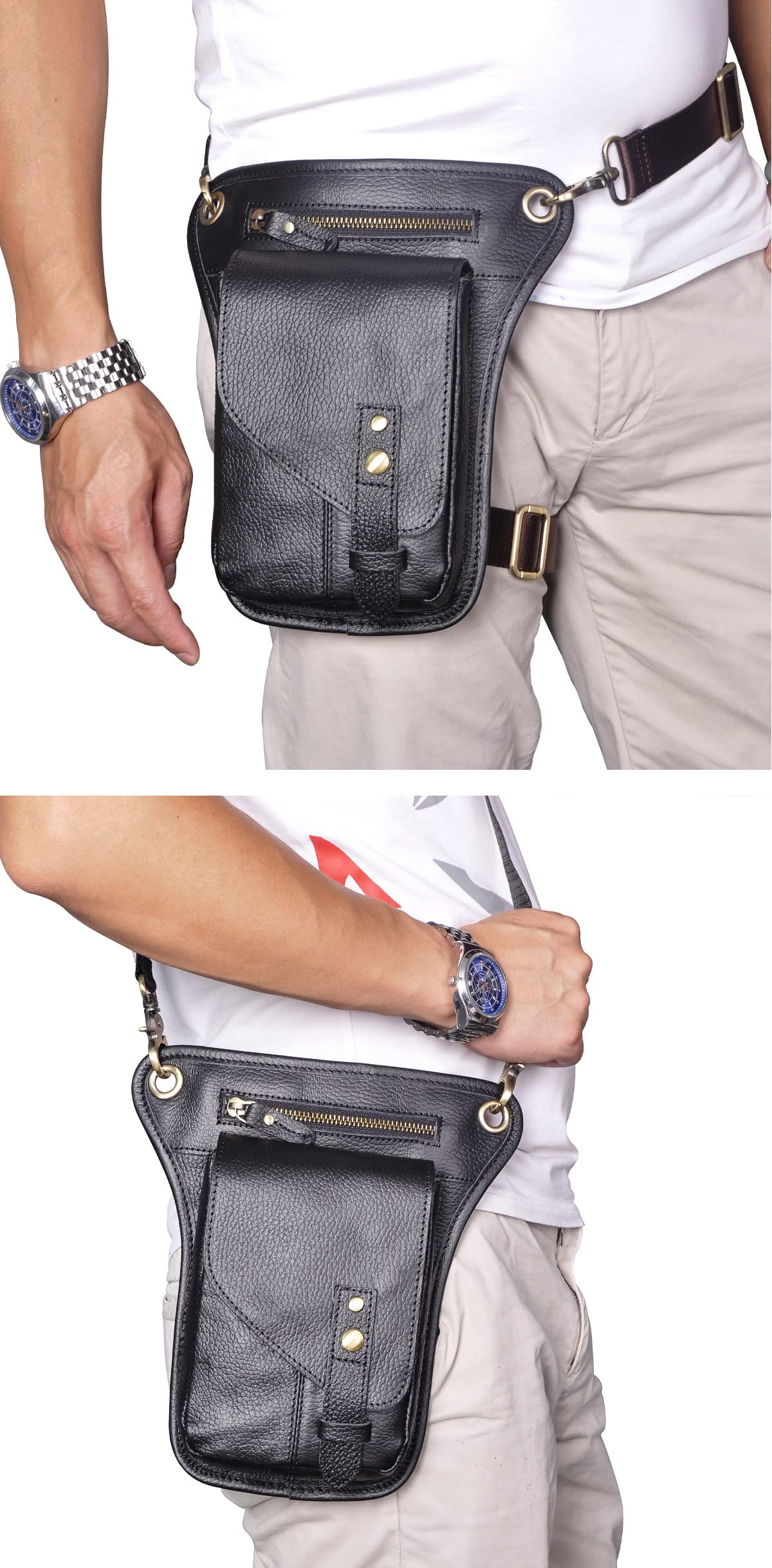 Herren Womens Echte Leder -Motorrad -Motorrad -Wanderwanderung Taille Pack Bein Oberschenkel Kreuz über Messengerbeutel (Schwarz)