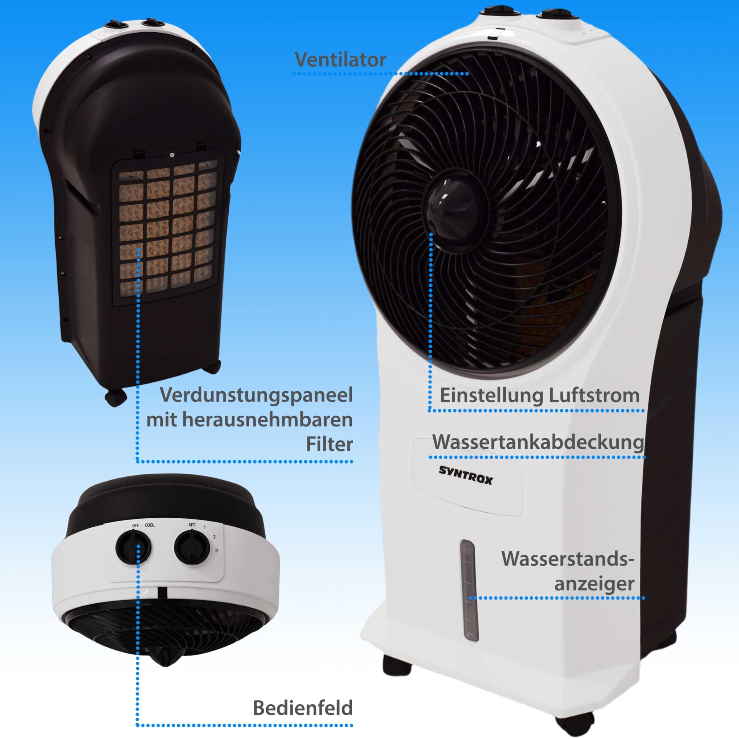 Syntrox Luftkühler mit Wasser Chilly | Verdunstungskühler | Luftbefeuchter, Multifunktions-Ventilator, Effektive Temperaturreduktion, 45 Watt, gegen trockene Luft