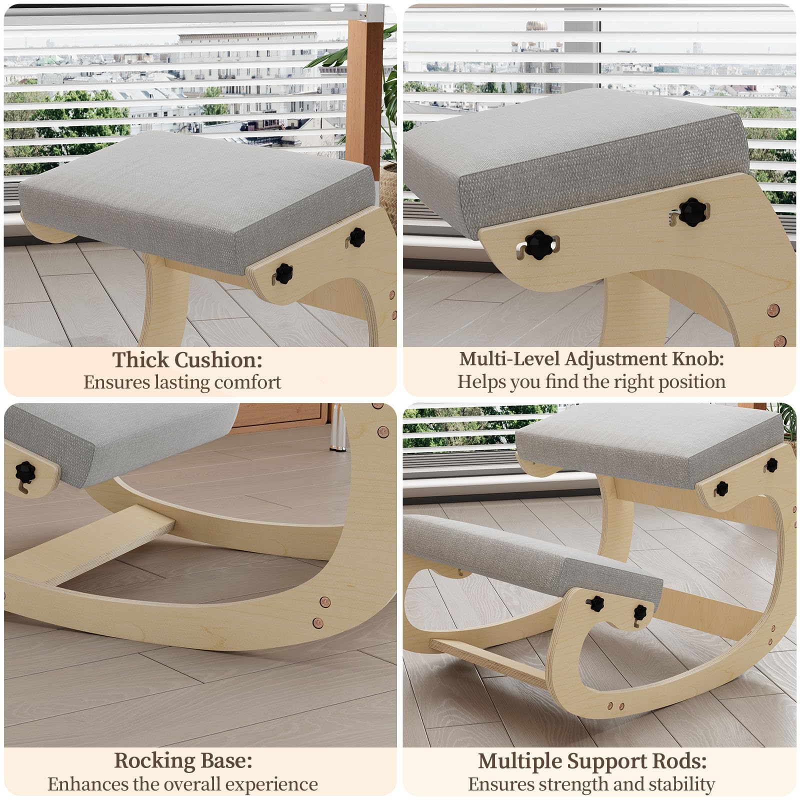 Ergonomischer Kniestuhl mit Schaukelbasis aus Holz – Höhenverstellbarer Haltungstrainer mit dickem Sitzkissen und weicher Knierolle, ideal fürs Homeoffice & gegen Rückenschmerzen
