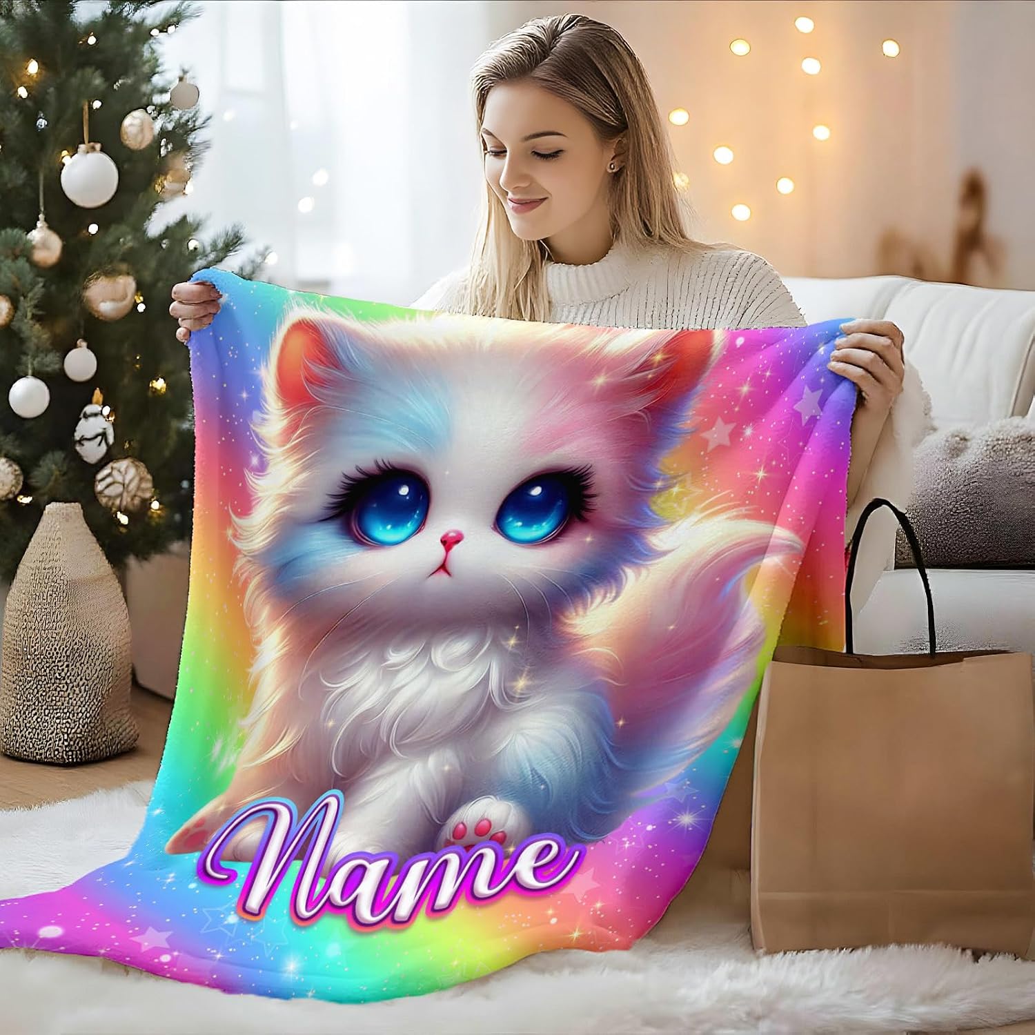Girls Cat Blankets Personalized Throw Blankets for Kids Teens Adults, 60x80 Inches Twin Size Lightweight Soft Comfy Custom Name Throw for Couch Bed Home Decor