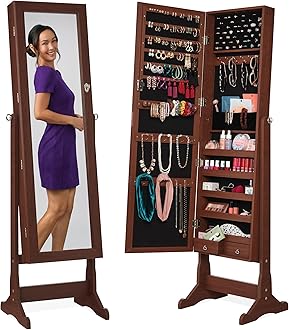 Best Choice Products Freestanding Jewelry Armoire Cabinet, Full Length Standing Mirror, Lockable Makeup Storage Organizer, w/Velvet Interior, 3 Tilt Angles, Lock, Accessory Pouch, 5 Shelves - Walnut