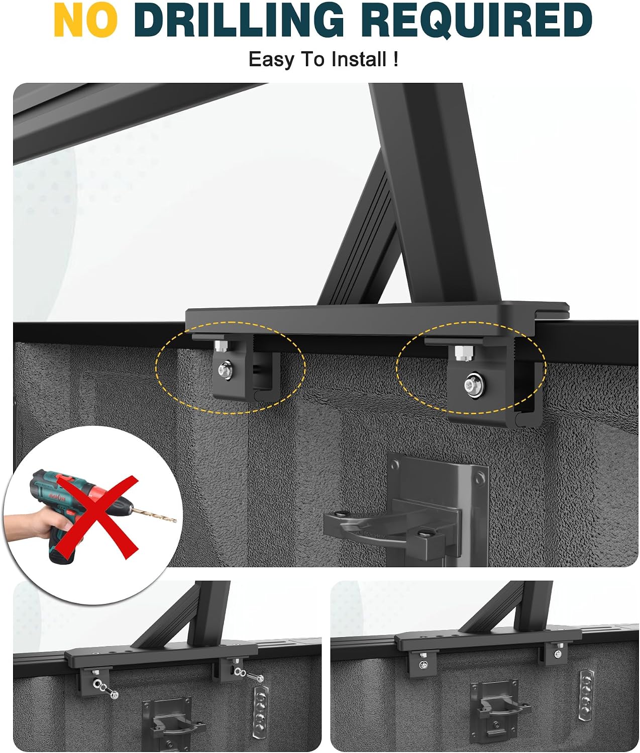 Adjustable Aluminum Truck Ladder Rack - Fits Ford F-150, Dodge Ram & Chevy Silverado, 800lbs Dynamic / 1000lbs Static Load, Tool-Free Non-Drilling Installation, Micro-Inward Tilt for Stable Cargo