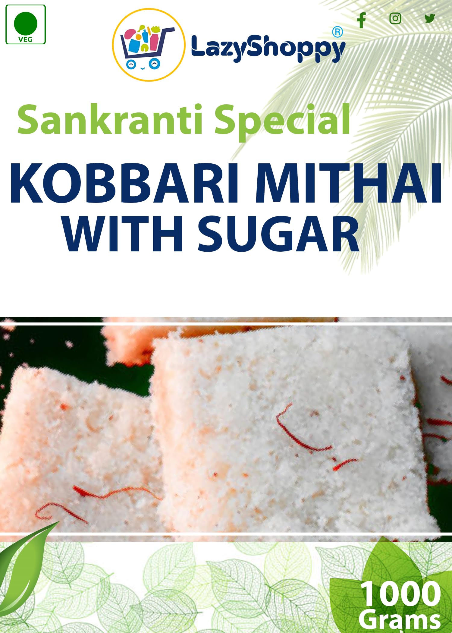 Lazy Shoppy® Home Made, Fresh Cheenee Ke Saath Kobbaaree Mithaee | चीनी के साथ कोब्बारी मिठाई | చక్కెరతో కొబ్బరి మిఠాయి | ಸಕ್ಕರೆಯೊಂದಿಗೆ ಕಬ್ಬರಿ ಮಿಠಾಯಿ | Kobbari Mithai With Sugar (1000 Gm)