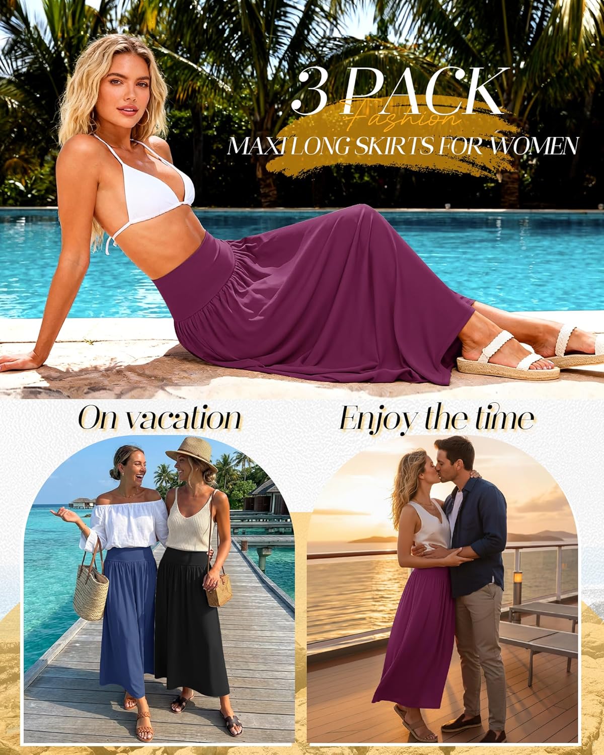 Ficerd 3 Pack Maxi Long Skirts for Women, Ankle Length High Waisted Pleated Flowy a Line Summer Casual Skirts with Pockets - Image 3