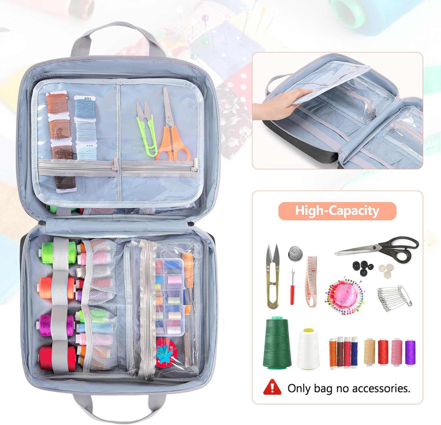 LUXJA Sewing Storage Organizer with Folio Open Design, Sewing Organizer Bag with Versatile Pockets for Sewing Kits, Gray