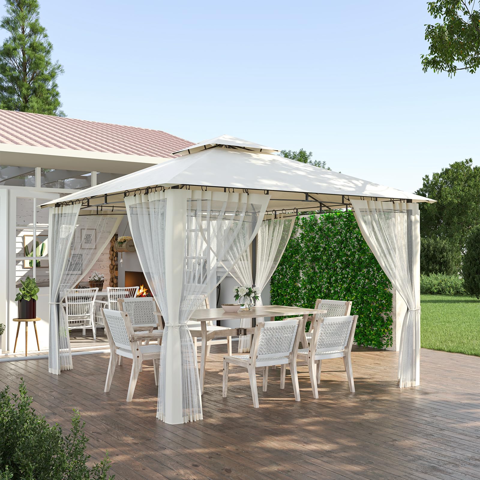 Amopatio Cenador de Jardín, 2.75x2.75m, Doble Techo Impermeable con Mosquitera Incluida - Pergola Exterior de Metal para Fiestas, cenador de Metal para Piscina,Beige