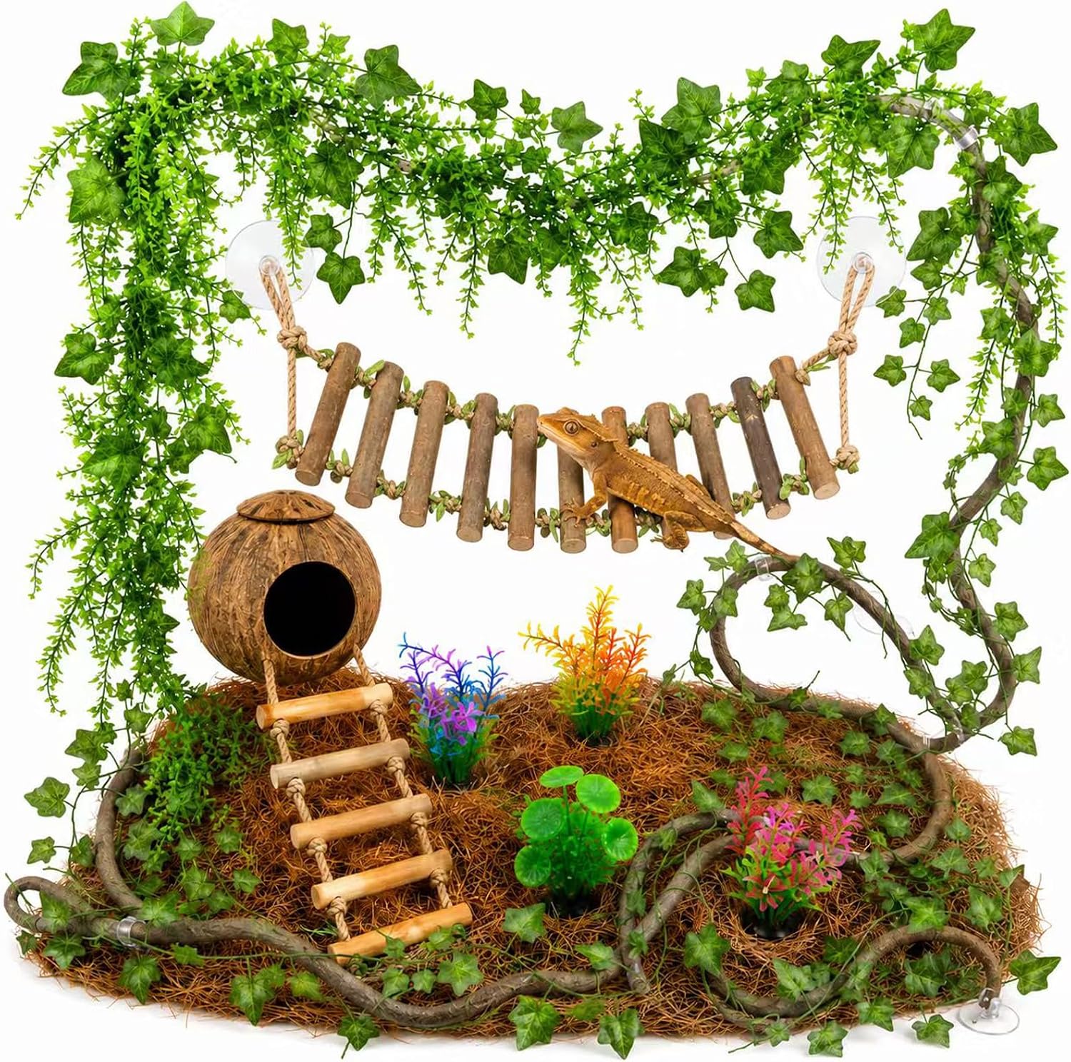 RUNANIA Crested Gecko Tank Accessories，Reptile Vines Plants with Coconut Shell Ladder Hideout Hermit Crab Decor for Leopard Gecko Lizard Chameleon Tortoise Snake Terrarium Decor