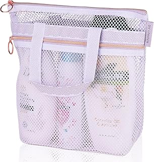 Mesh Shower Bag 10.2x9.9'' Quick-Dry Caddy with Zipper & 2 Pockets. Portable Toiletry Tote for Bathroom, Gym, Travel, Camp, Beach, for Sunscreen, Dorm & College Essentials (Light Gray)