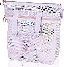 Mesh Shower Bag 10.2x9.9'' Quick-Dry Caddy with Zipper & 2 Pockets. Portable Toiletry Tote for Bathroom, Gym, Travel, Camp, Beach, for Sunscreen, Dorm & College Essentials (Light Gray)