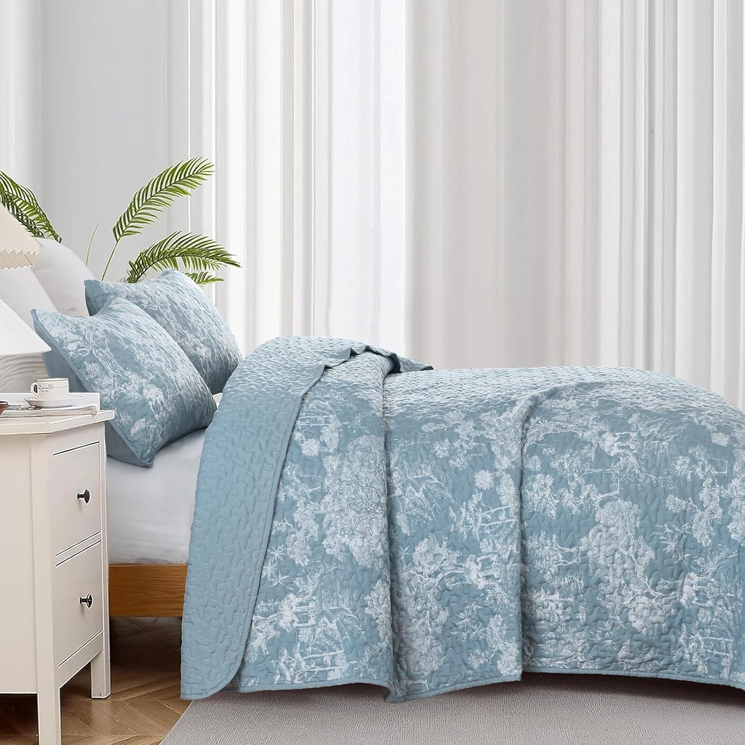 WONGS BEDDING Botanical Quilt Set Queen Size, Aqua 3 Pieces Toile Floral Plants Printed Bedspread Bedding Set Soft Lightweight Microfiber Coverlet Set for All Season (96"x90") - Image 3