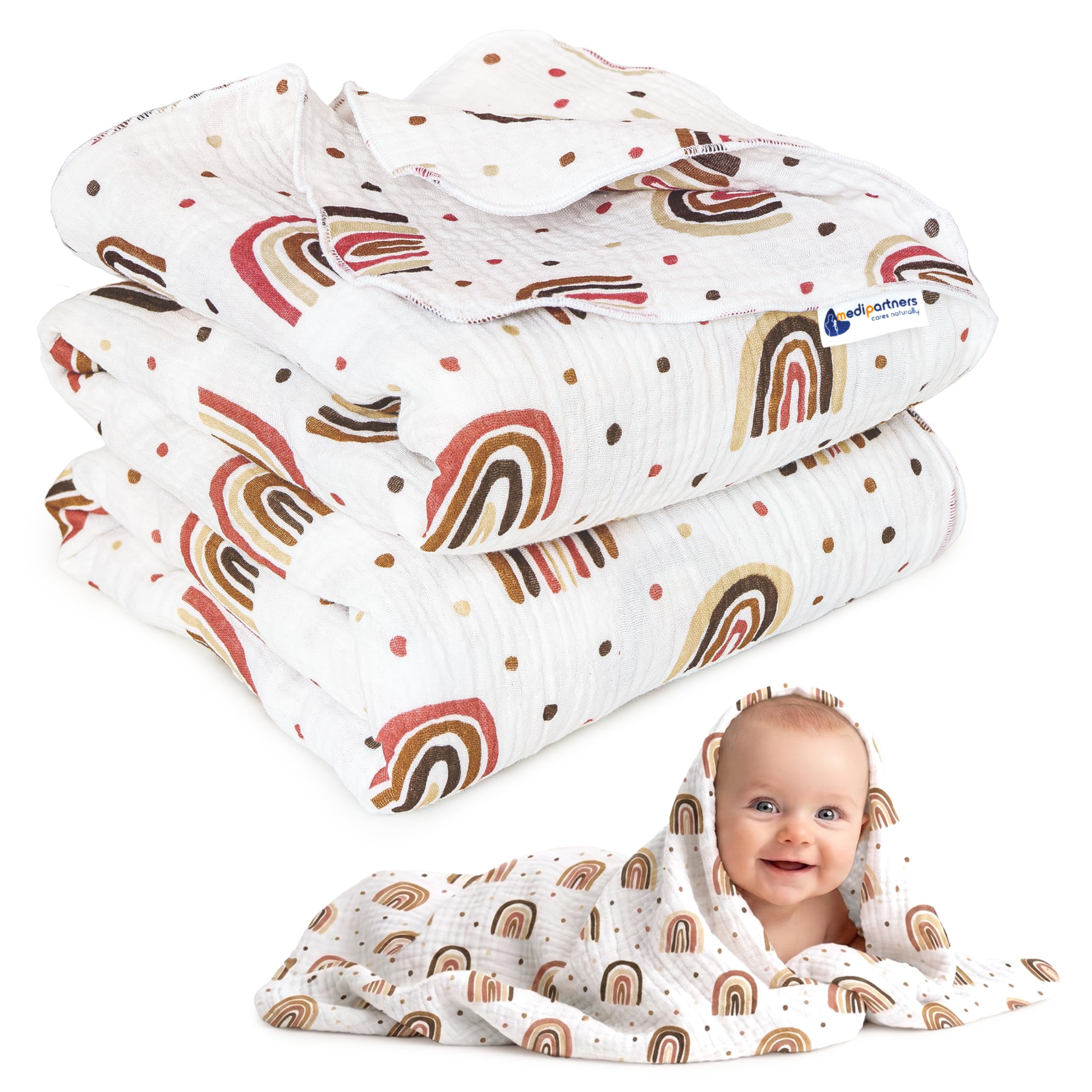 Medi Partners Muslin Baby Blanket 75 x 100 cm Baby Blanket Muslin Blanket Newborn - Thin Cuddly Blanket Summer Baby Blankets for Toddlers Crawling Blanket Children's Bed Pram (Rainbow)