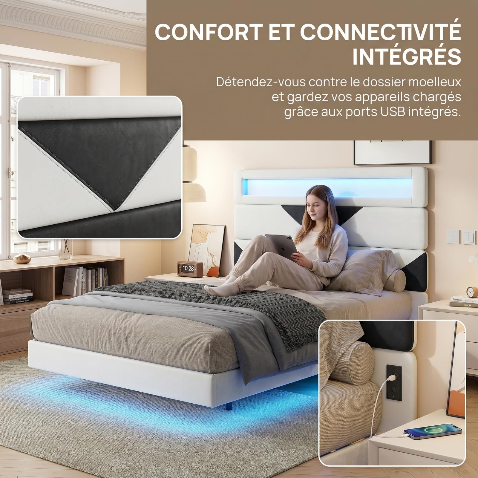 Letto matrimoniale 140 x 190, letto imbottito con illuminazione LED RGB e ricarica USB, telaio letto galleggiante con testiera modulare, con rete a doghe (beige+nero, 140 x 190 cm)