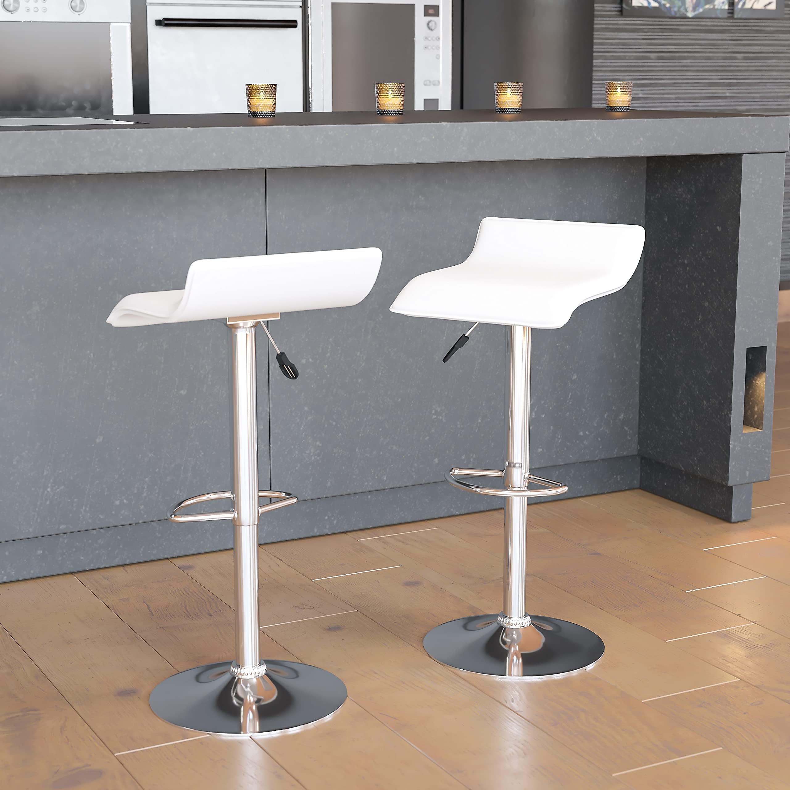 Flash Furniture Athens - Sgabello da Bar Moderno in Vinile Bianco, Altezza Regolabile, con Solida Seduta ondulata e Base cromata, Confezione da 2