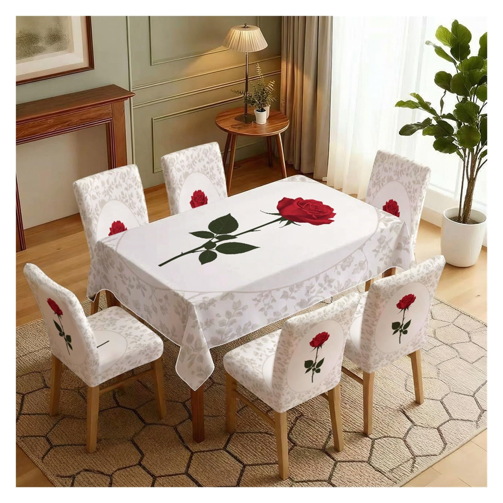 BOSUYBN Minimalist Single Red Rose Dining Chair Covers & Tablecloth Set, 5/7 Piece Cream Leaf Background Slipcovers For Modern Romantic Home Decor Table Setting(7pcs Set: Tablecloth+Chair Covers)