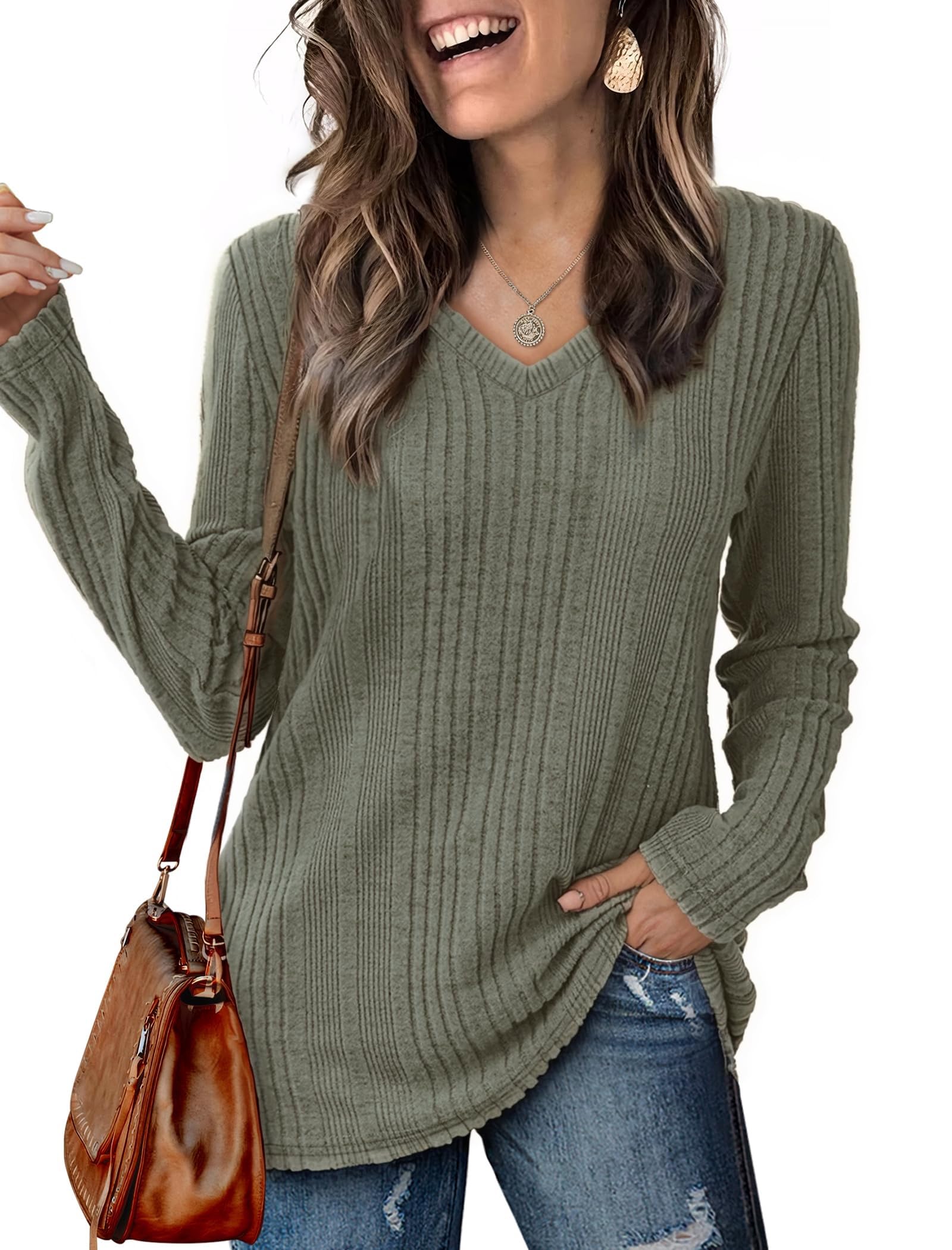 GLEENOD Pullover Damen V-Ausschnitt Sweatshirt Langarm Leichtes Einfarbiges Oberteil Winter Frühling