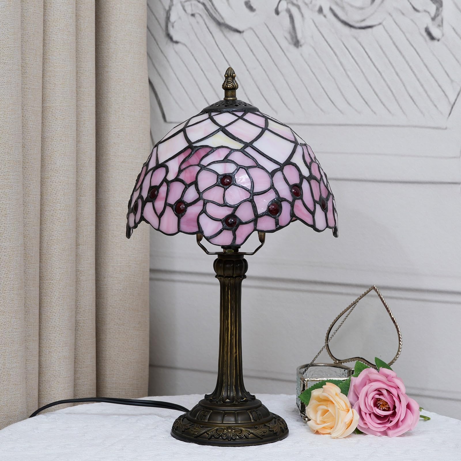 Tiffany lampa 8 cali mała różowa przyciemniana szklana lampa stołowa kwiat wiśni vintage ręcznie robiona lampka biurkowa do czytania do sypialni salonu biura w stylu art deco