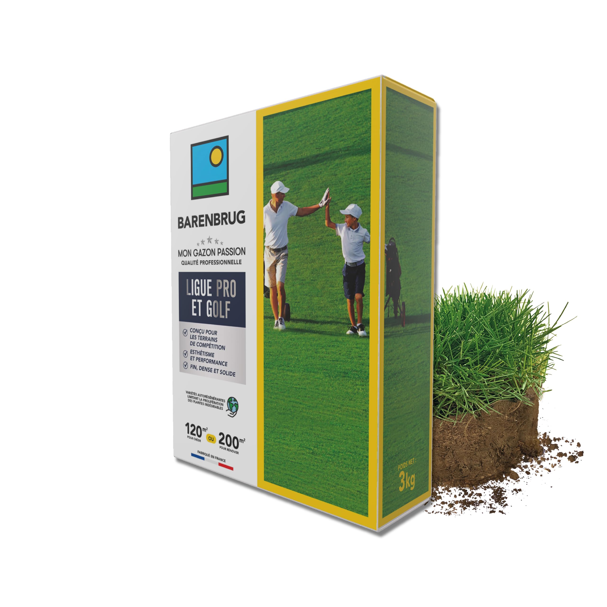 BARENBRUG - Gazon Ligue Pro et Golf - pour Terrains de Compétition - Esthétisme, Performance - Fin, Dense, Solide - Variétés Autorégénérantes Limitant Plantes Indésirables - Fabriqué en France - 3KG