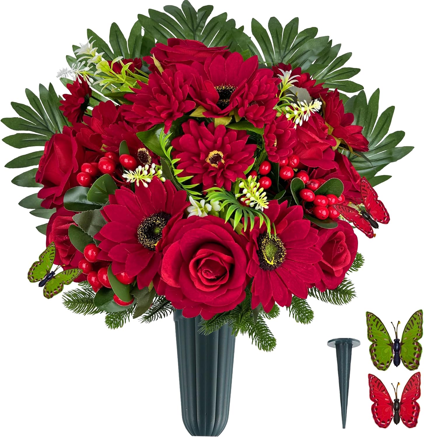 Ariticial Cemetery Headstone Flower -Outdoor Grave Decorations,Mixed Bouquet of Artificial Silk Rose and Gerbera Daisies Christmas Red Berry for Tombstones (Vase Included)