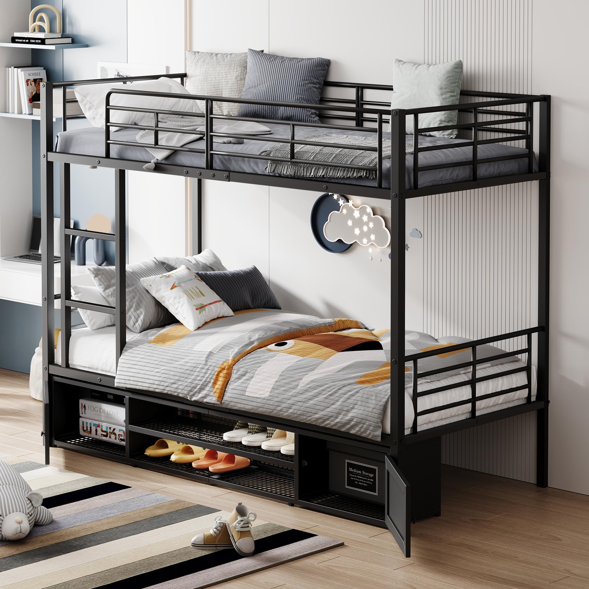 Cama con marco de hierro, 90 x 200 cm, litera, zapatero abierto, armario de almacenamiento pequeño de doble puerta, adecuado para niños y adolescentes, con escalera lateral, con rejilla anticaídas,