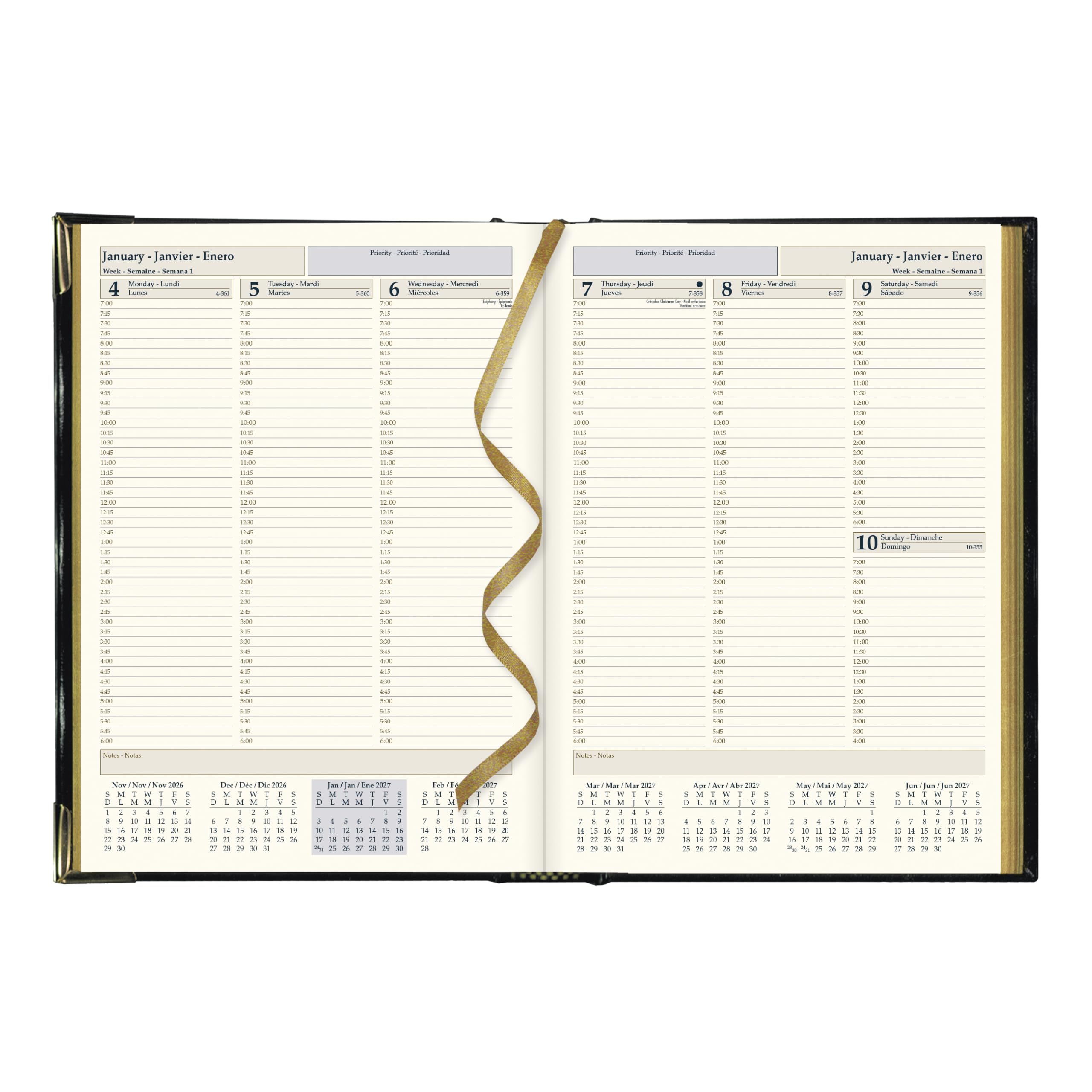 Brownline® 2027 Executive Wochenplaner Terminkalender Terminkalender 12 Monate Januar bis Dezember genähte Bindung 27,3 x 19,7 cm schwarz dreisprachig (CBE512)