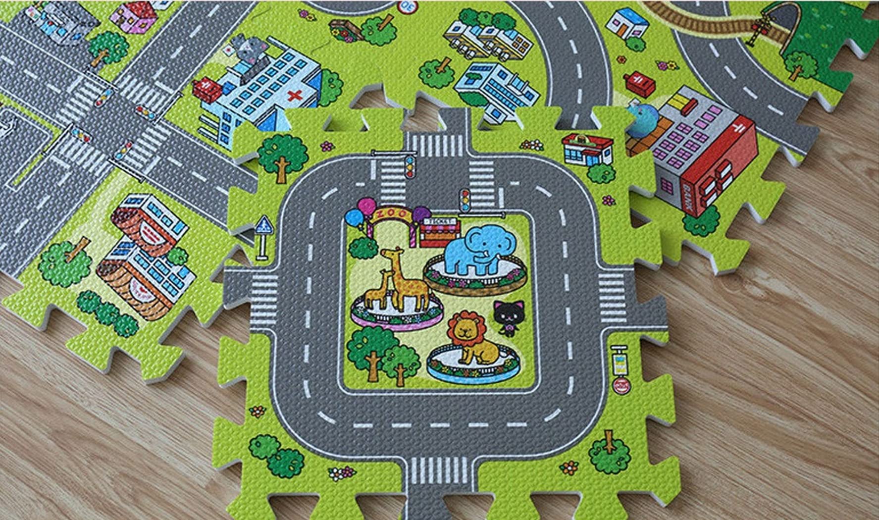 Tappeto a puzzle di gomma EVA per bambini Disegno di strade cittadine. 90 x 90 x 1 cm. 9 pezzi intercambiabili.
