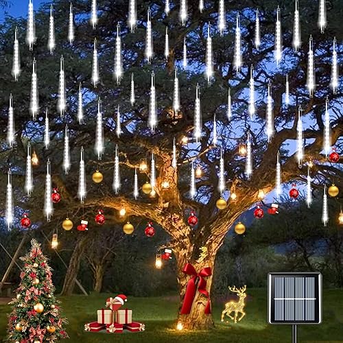 YEGUO Luces solares de Navidad al aire libre, 8 tubos 144 LED lluvia de meteoritos luces de Navidad para fiesta, árbol, vacaciones, techo, boda