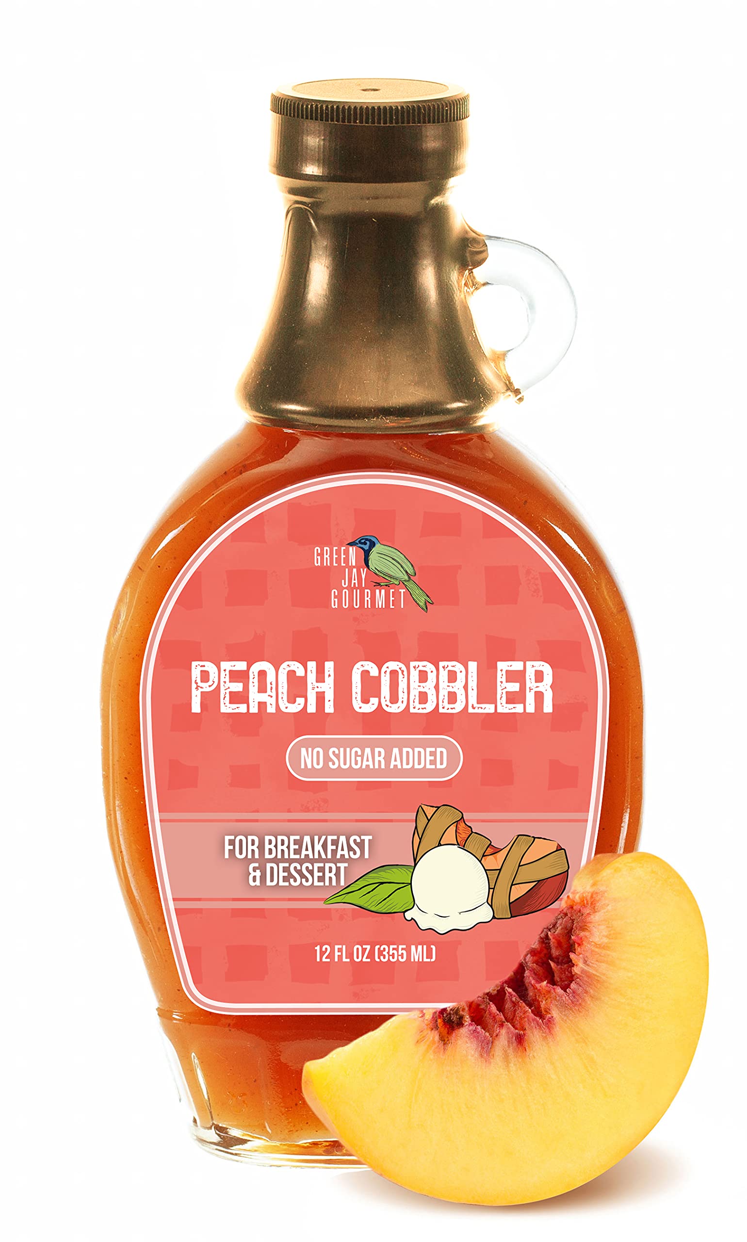 Green Jay Gourmet No Sugar Added Peach Cobbler Syrup - Low Sugar Breakfast Syrup with Fresh Peaches & Lemon Juice - All-Natural, Non-GMO Pancake Syrup, Waffle Syrup & Dessert Syrup - 12 Ounce