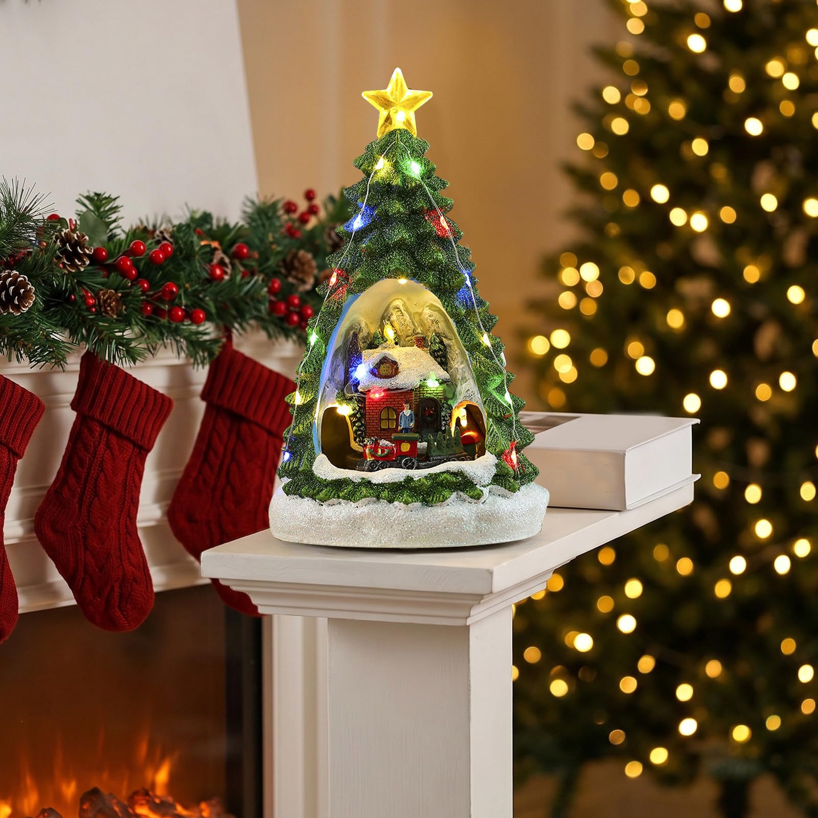 Kisangel Casa di Natale animata e musicale, ornamento natalizio da collezione con statue, trenino in movimento e luci a LED, regalo festivo da tavolo per le vacanze.
