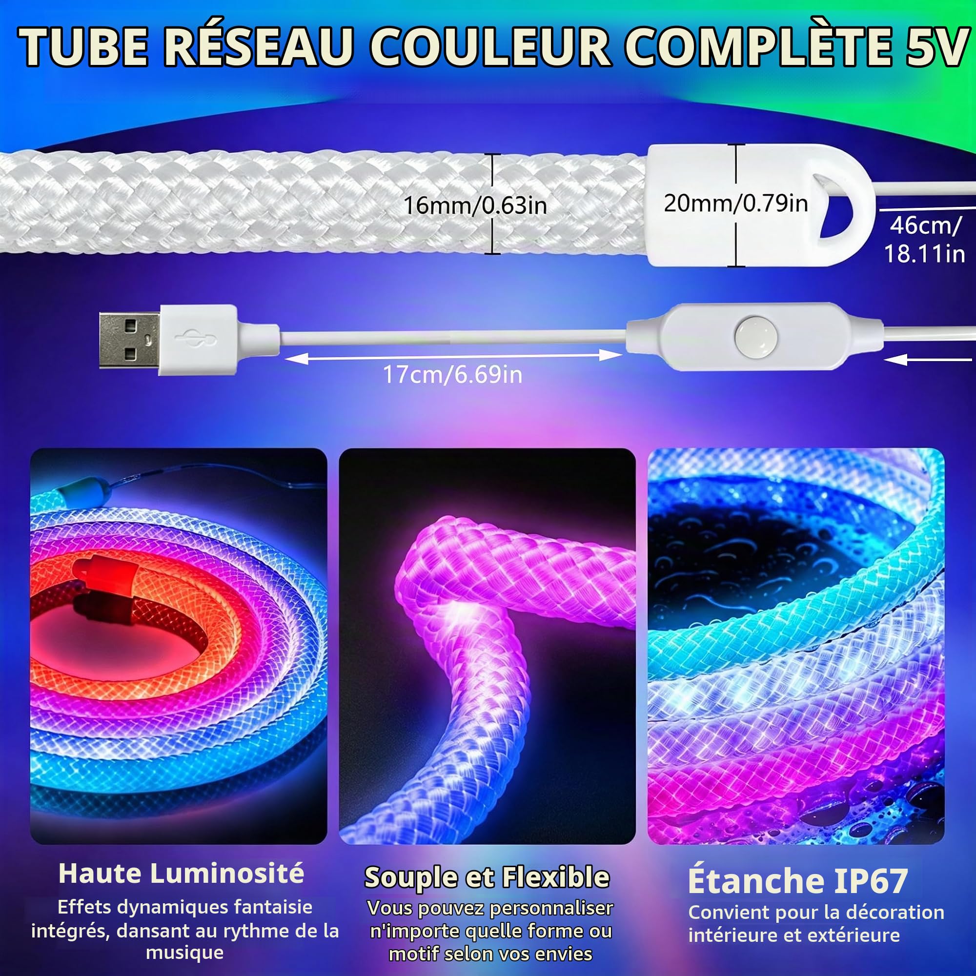 Neon Ruban LED 5M, 5V USB Bande LED 360 Degrés Ronde RGB+IC
