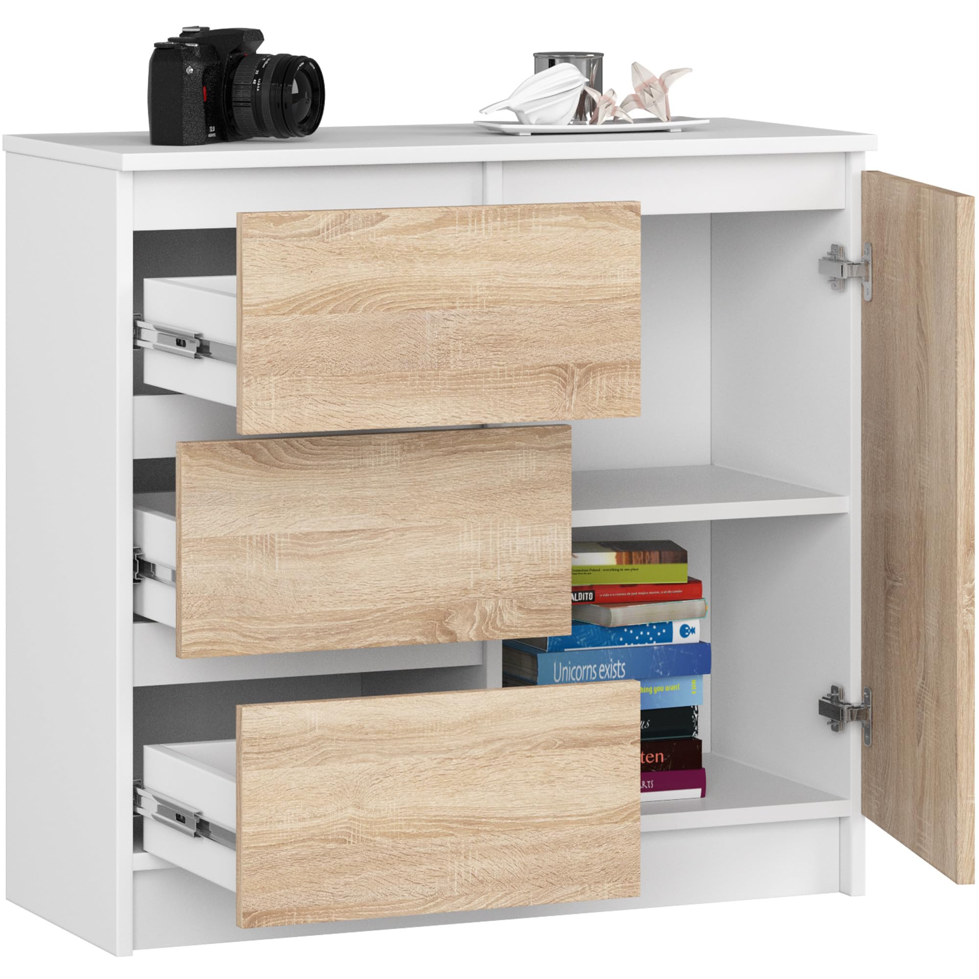 AKORD Cómoda Jerry | Cajonero con 1 Puerta 3 Cajones 2 Estantes | Credenza Alta 80 cm | 80x35x77 cm | Blanco & Roble Sonoma Frente
