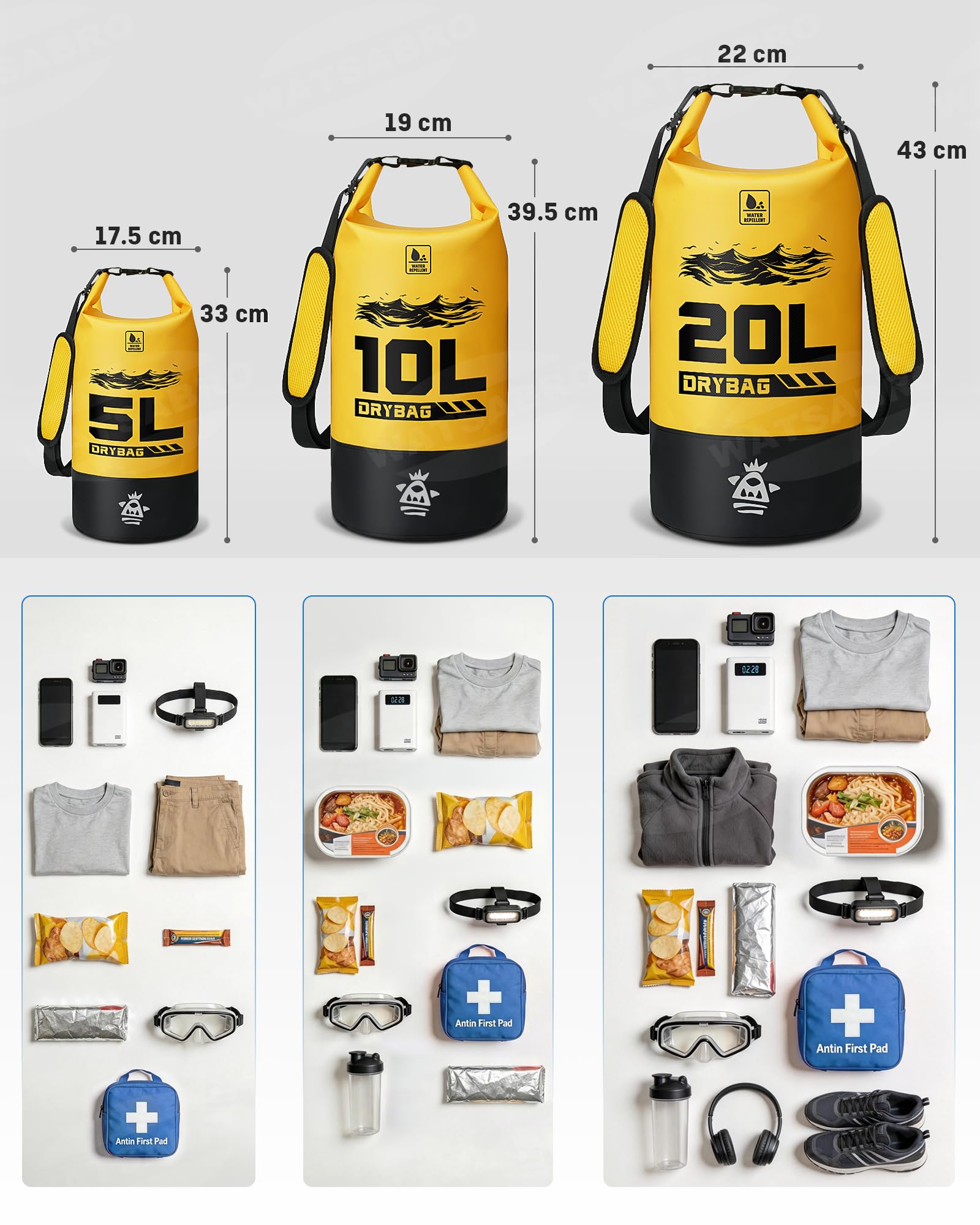 WATSABRO Dry Bag – 5L/10L/20L wasserdichte Tasche, Kratzfester Wasserdichter Rucksack, Inklusive 100% Wasserfeste Handyhülle – Ideal für Wassersportarten wie SUP, Kajak, Kanu sowie Strandurlaube