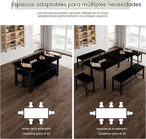 Miniatura 4 de Feonase Juego de mesa de comedor de 5 piezas para 4-8 personas, juego de mesa de cocina grande extensible de 63 pulgadas con 2 bancos y 2 taburetes