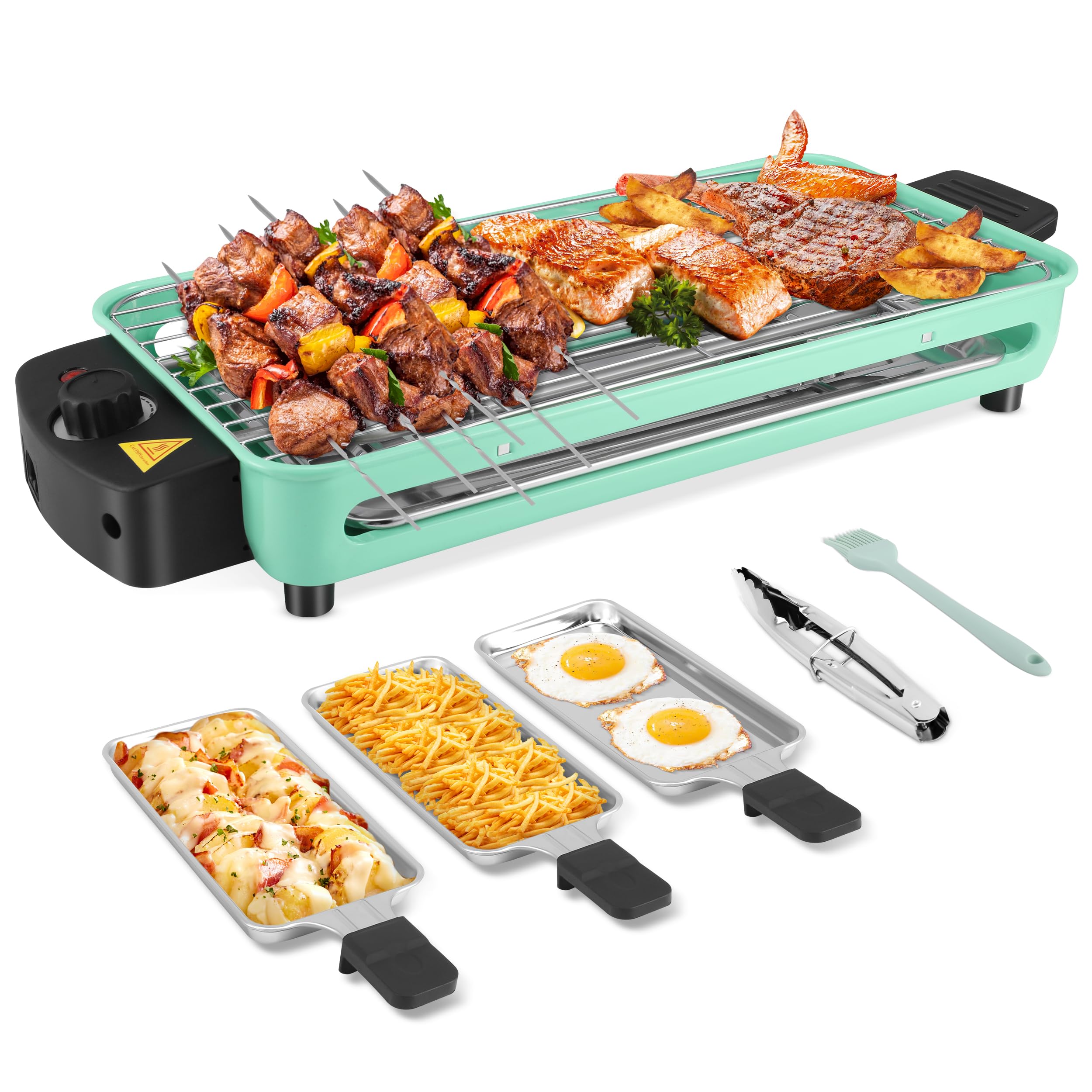 Electric Indoor Grill, 1500W Portable 2 in 1 Indoor Raclette Table Grill Korean BBQ Grill with Grill Net & Non-Stick Cooking Removable Plate, Adjustable Temperature Control, Dishwasher Safe
