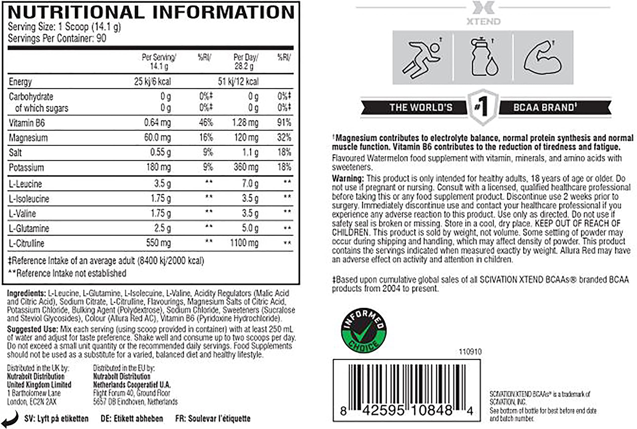 XTEND Original - BCAA-Pulver - Wassermelonenexplosion | Ergänzungsmittel mit verzweigtkettigen Aminosäuren | 7 g BCAA + Muskelproteinsynthese Elektrolyte für Regeneration & Hydration | 90 Portionen