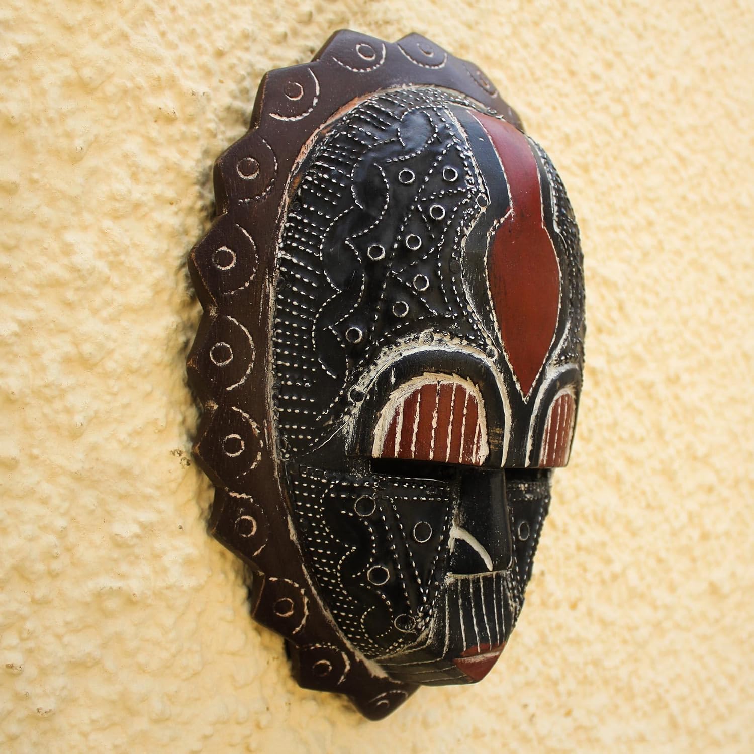NOVICA Brown And Red Ghanaian Sese Wood Wall Mask, 'Happiness'