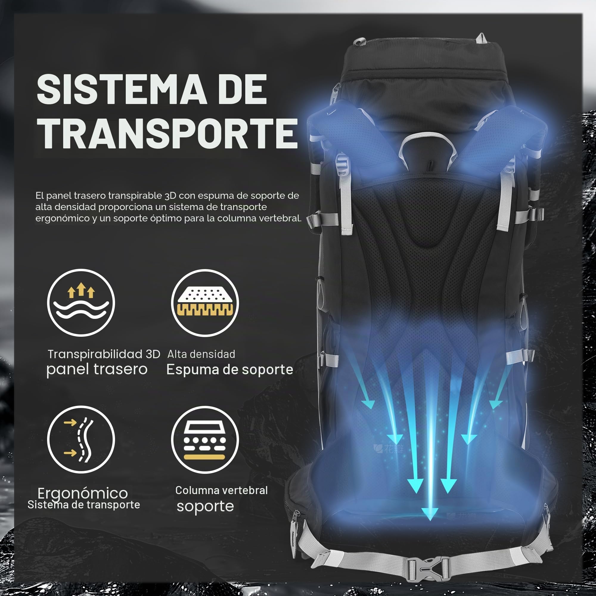 MOUNTAINTOP Mochila Trekking 50L Hombre Mujer Funda Lluvia | Ideal para senderismo montaña acampada y viajes de varios días, cremalleras YKK, soporte lumbar cinturón acolchado