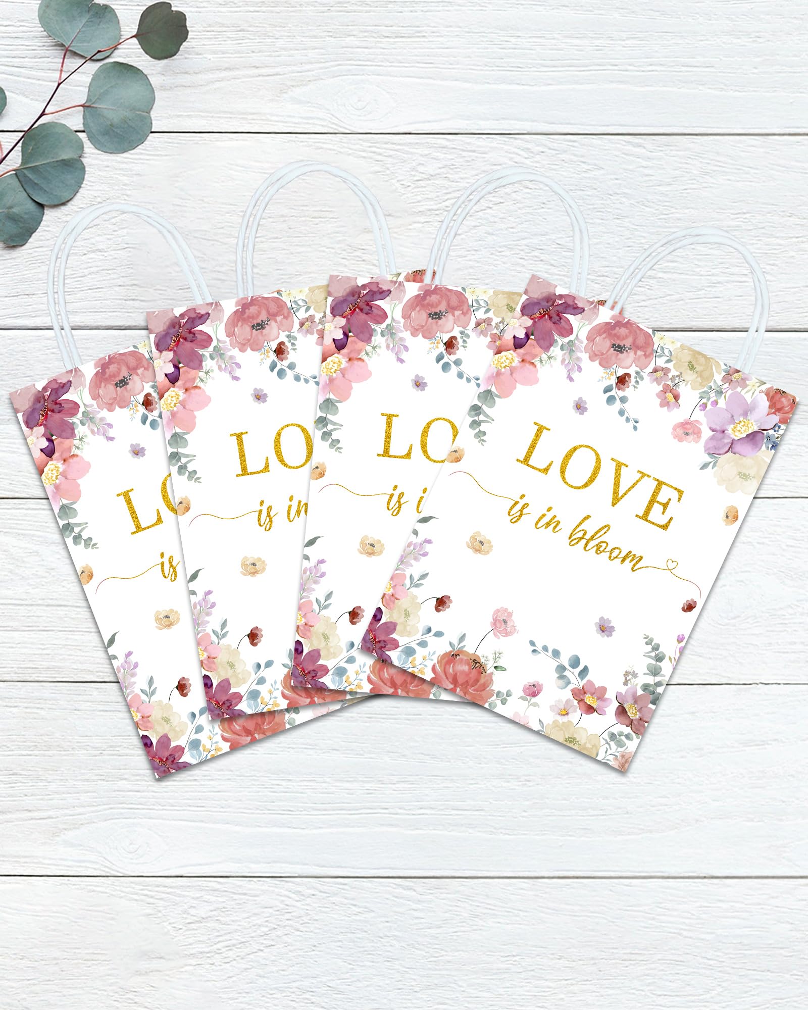 Tyndallrays 16 Pieces Love is in Bloom Floral Bridal Shower Gift Bags with Handles for Bridal Shower, Bachelorette, Wedding, Engagement Parties