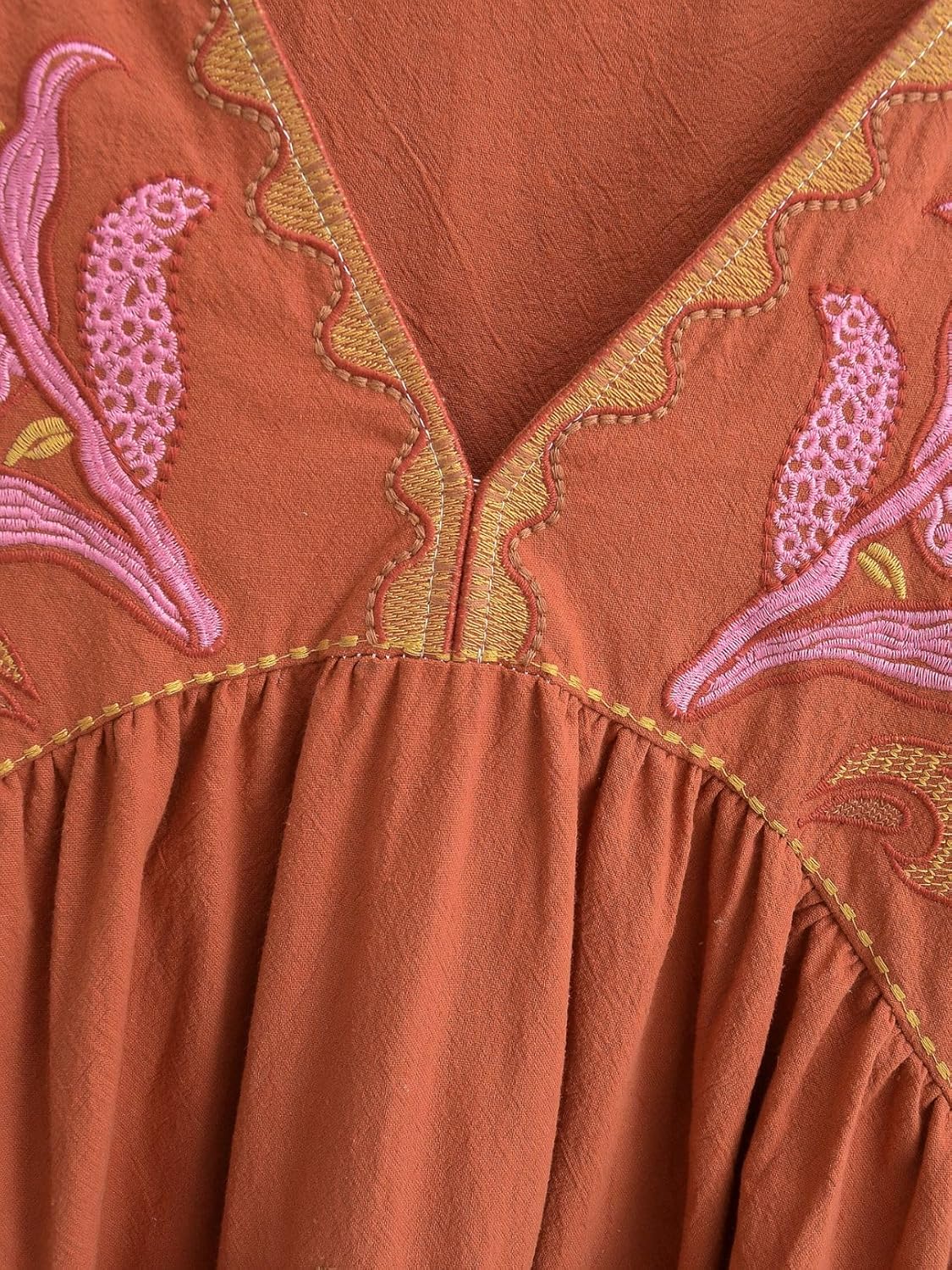 Womens Oversized Embroidered Dress with V-Neck and 3/4 Sleeves Vintage Embroidery Babydoll Dress - Image 4