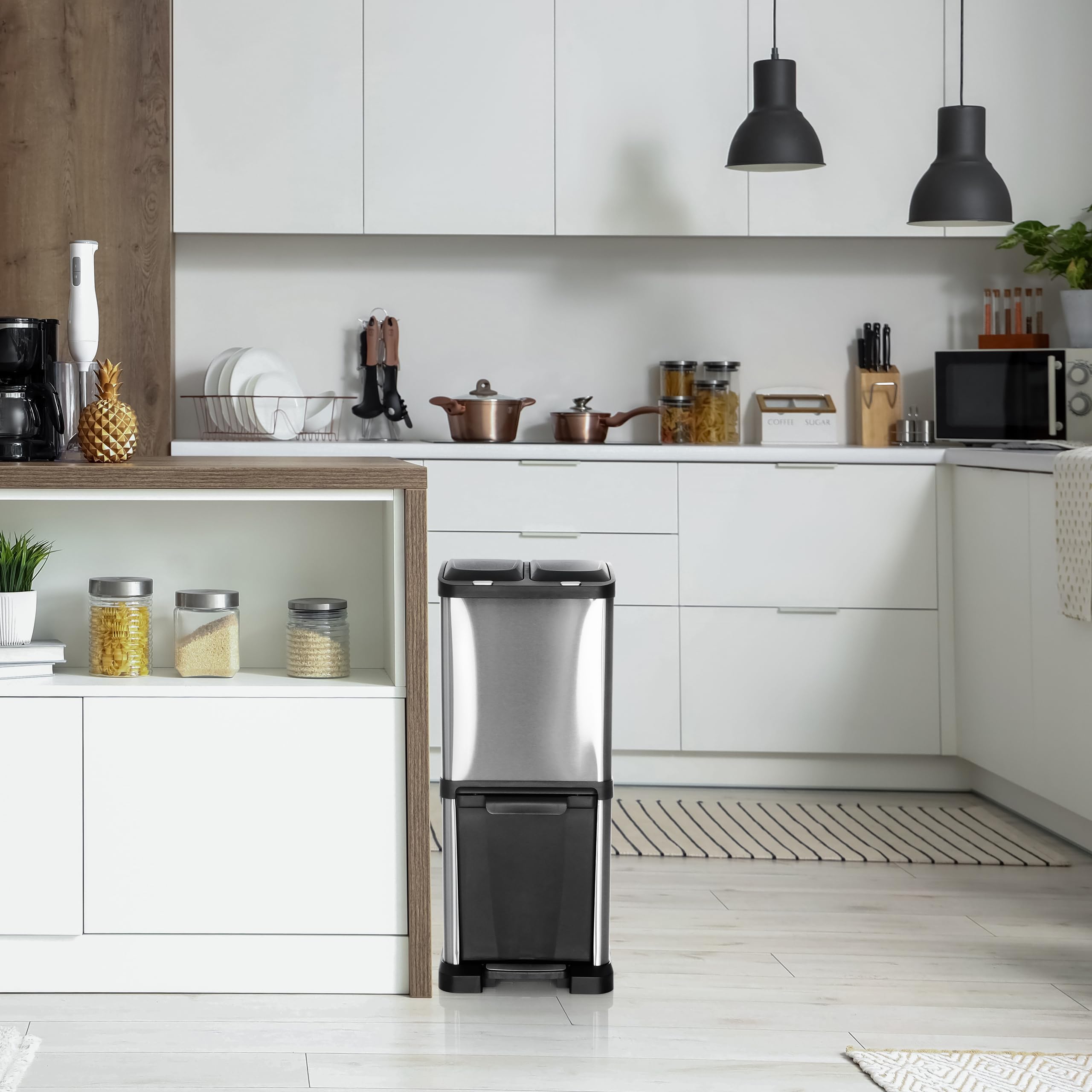 hjh OFFICE Cubo de basura CLEAN VII de acero, sistema de separación de residuos con 3 compartimentos (2 x 8L + 1 x 16L), uso universal, plata, 741100