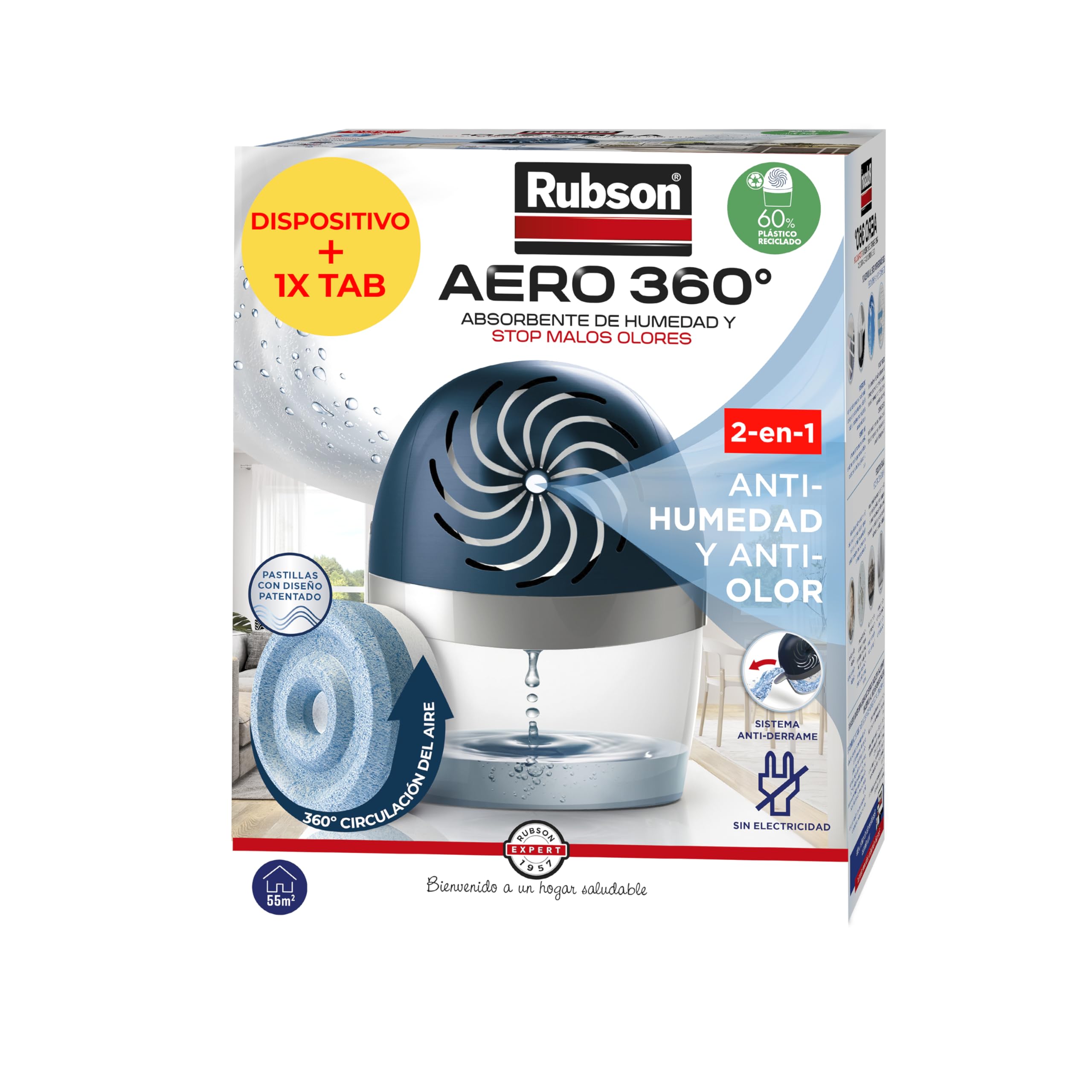Rubson AERO 360º Deshumidificador recargable (1 dispositivo y 1 tableta de 450 g), absorbe humedad, previene la condensación y los malos olores, antihumedad absorbente
