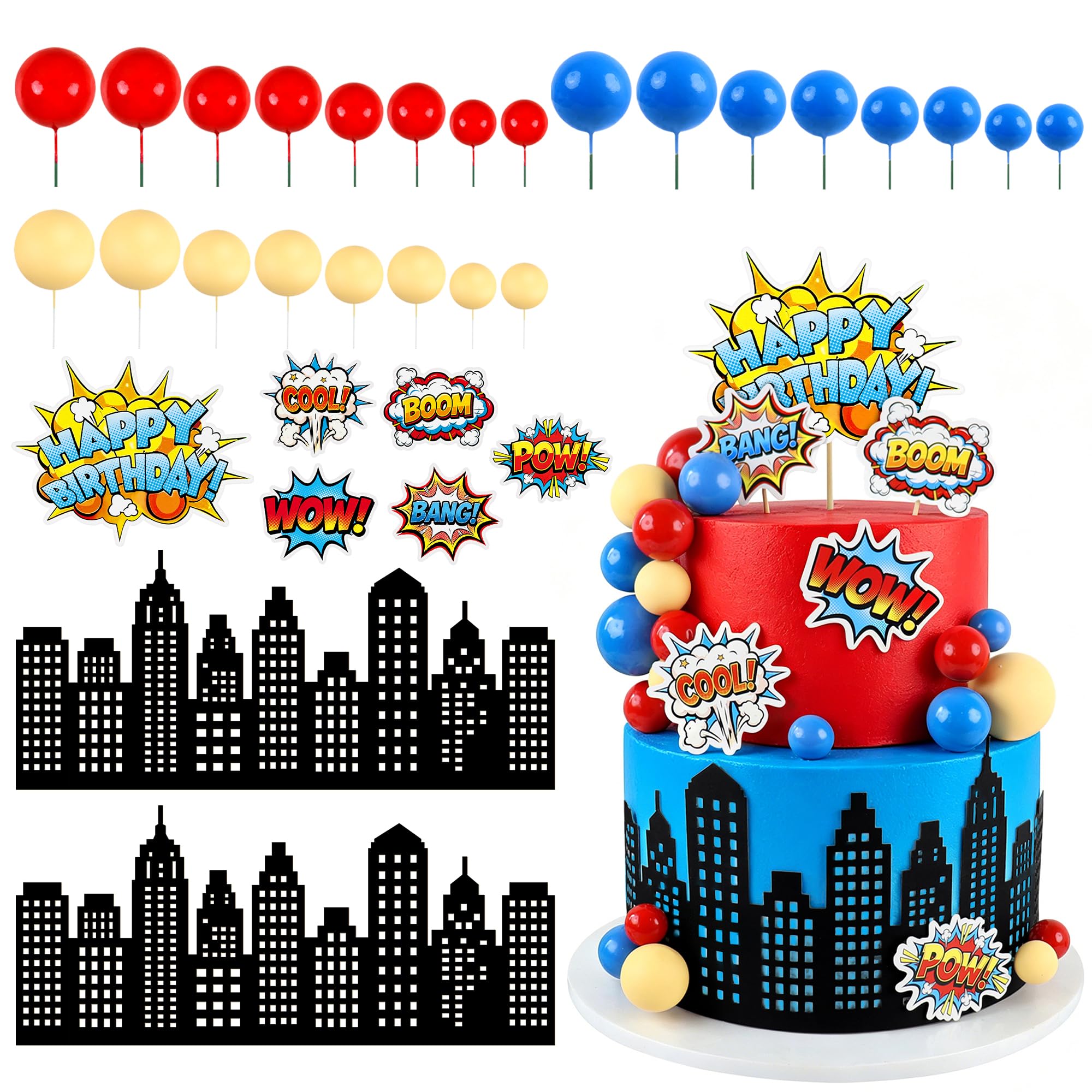 32Pcs Super Hero Birthday Cake Toppers City Silhouette Cake Wrapper Balls Cake Ornament for Kids Boom Birthday Cake Decorations Super Hero Party Supplies
