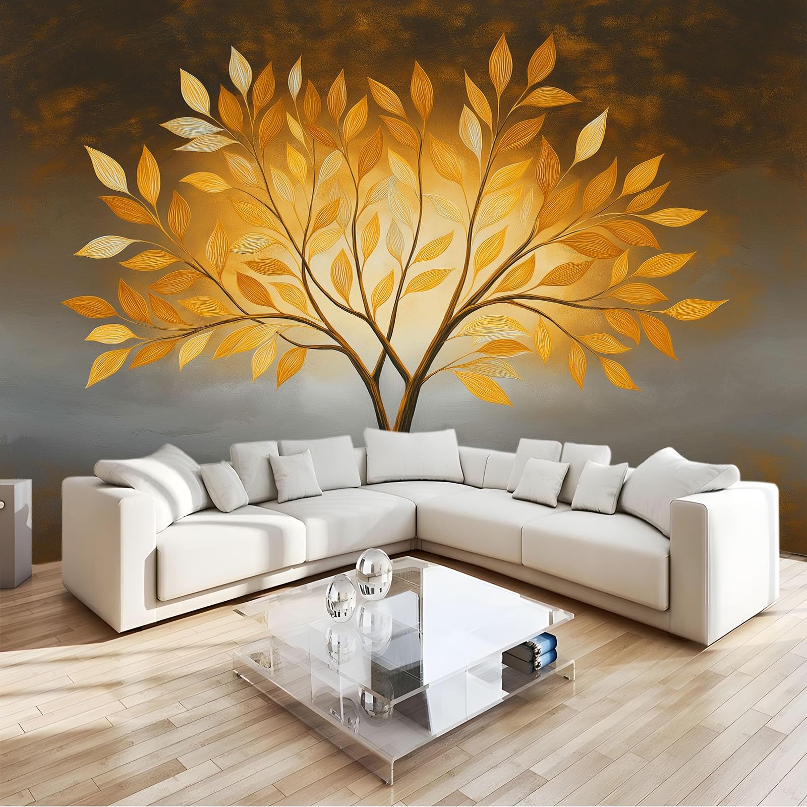 Generisch Tapeta panoramiczna 3D 350 x 256 cm (szer. x wys.), do salonu, sypialni, żółta, odporna na promieniowanie UV, tapeta z włókniny na ścianę - minimalizm, ręcznie malowana tapeta z wzorem drzew