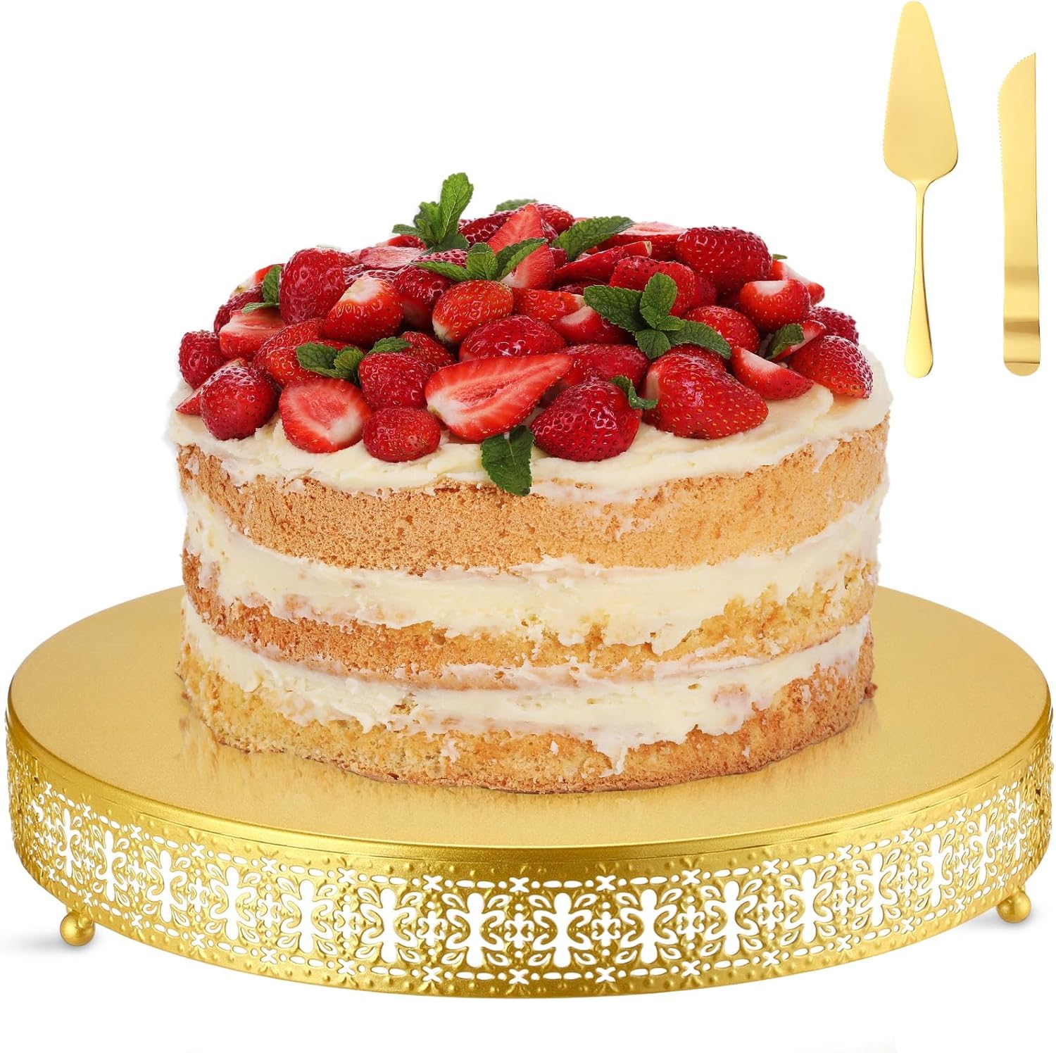 Wenqik Gold Cake Stand, 16 Inch Large Metal Round Cupcake Dessert Stand with Cake Knife and Server Wedding Cupcake Display Holder Cookies Serving Tray for Wedding Birthday Baby Shower Party