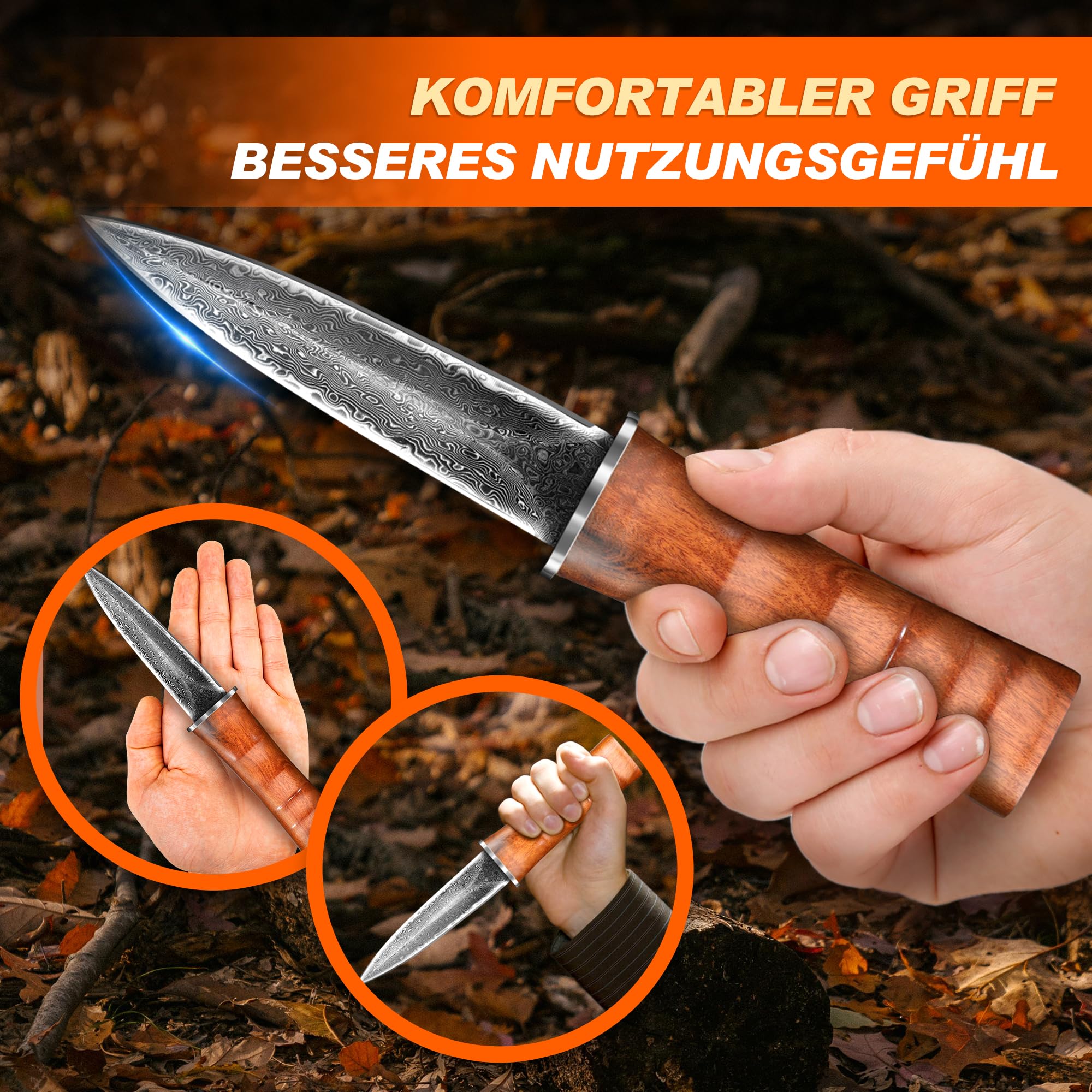 TIVOLI Damaszener Jagdmesser,Damaszener Stahl Adventure Outdoor Survival Messer, Zweischneidiges Dolchmesser, Geeignet für die Jagd, Dschungel Abenteuer, Camping, Senden Exquisite Geschenk-Box