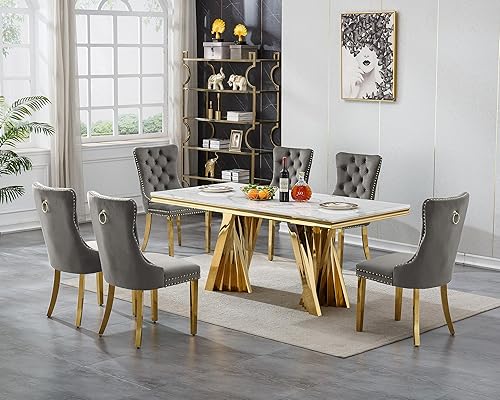 Miniatura 113 de Juego de mesa de comedor de mármol sintético, 7 piezas, juego de mesa de cocina y comedor para 6, mesa de comedor rectangular blanca de 70 pulgadas