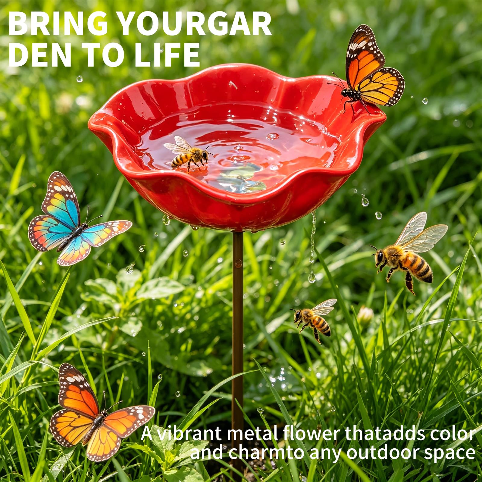 Handmade Metal Flower Garden Stake Bird Bath, Flower-Shaped Bee Watering Station for Garden, Bee Watering Floral Stake Station, Butterfly Bee Bath Bowl for Outdoor Yard Patio Pathway Decor (Yellow) - 4