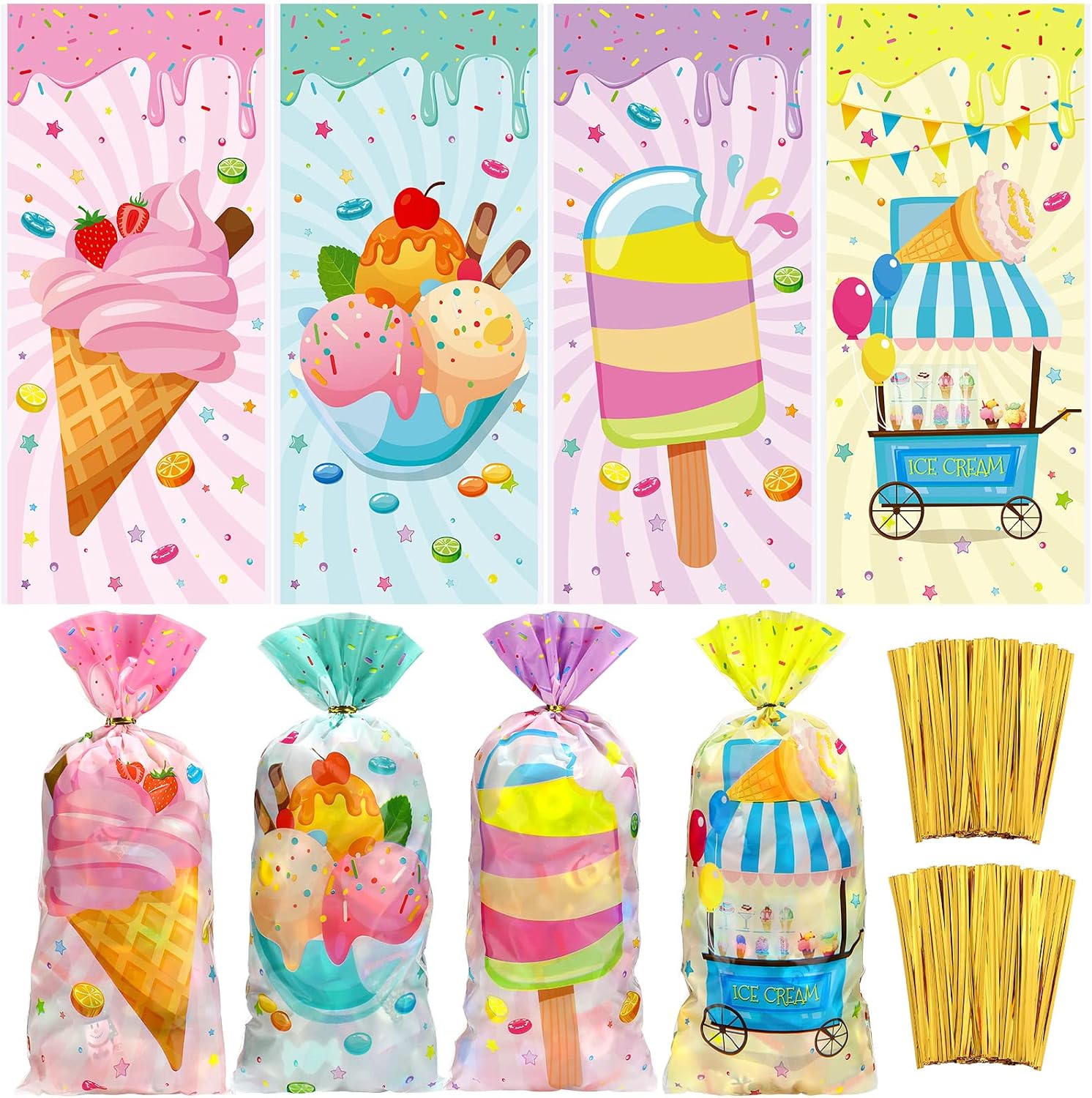Eaasty 120 Pieces Ice Cream Party Favor Bags, 5 x 11 Inch Four Ever Sweet Goodie Bags with Twist Ties Goodie Cello Wrapping for Ice Cream Theme Party, Baby Shower, Weddings, Valentines