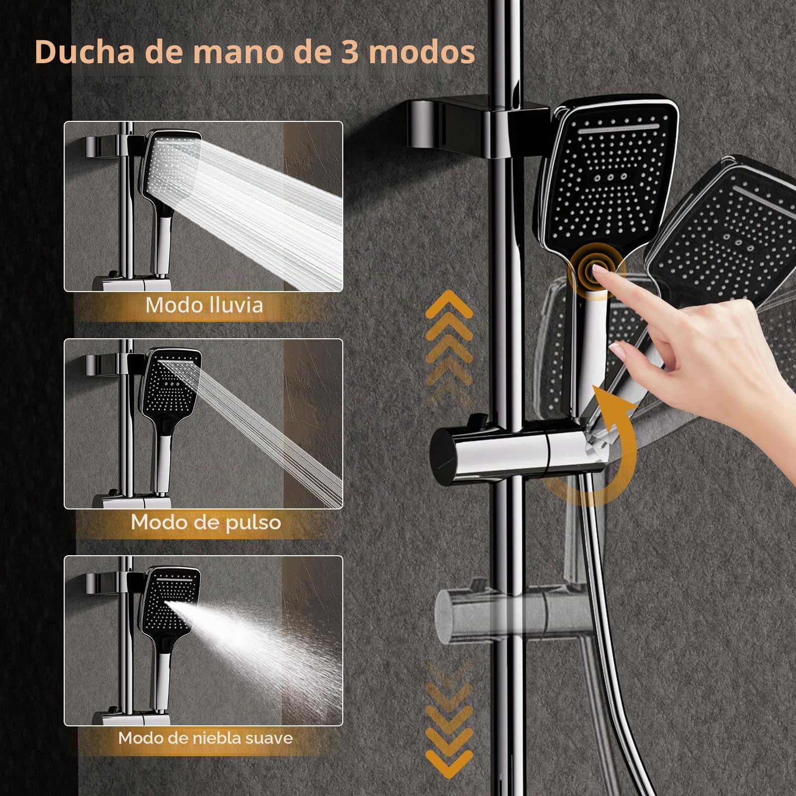 Columna de Ducha 4 en 1 Cromado, Duchas de Baño con Botones de Piano, Cabezal Cuadrado 31x20cm Efecto Lluvia, Latón y Acero Inox
