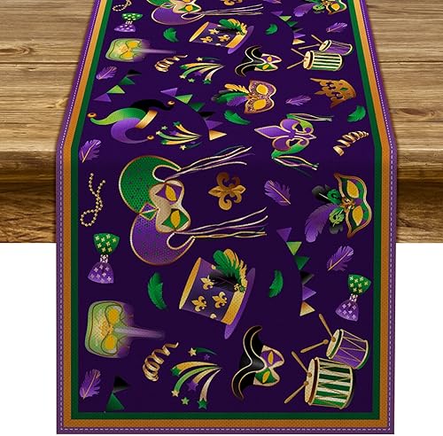 Miniatura 6 de Pudodo Mardi Gras - Camino de mesa con diseño de flor de lis mantel de fiesta de máscaras cocina comedor decoración del hogar 13 x 108 pulgadas